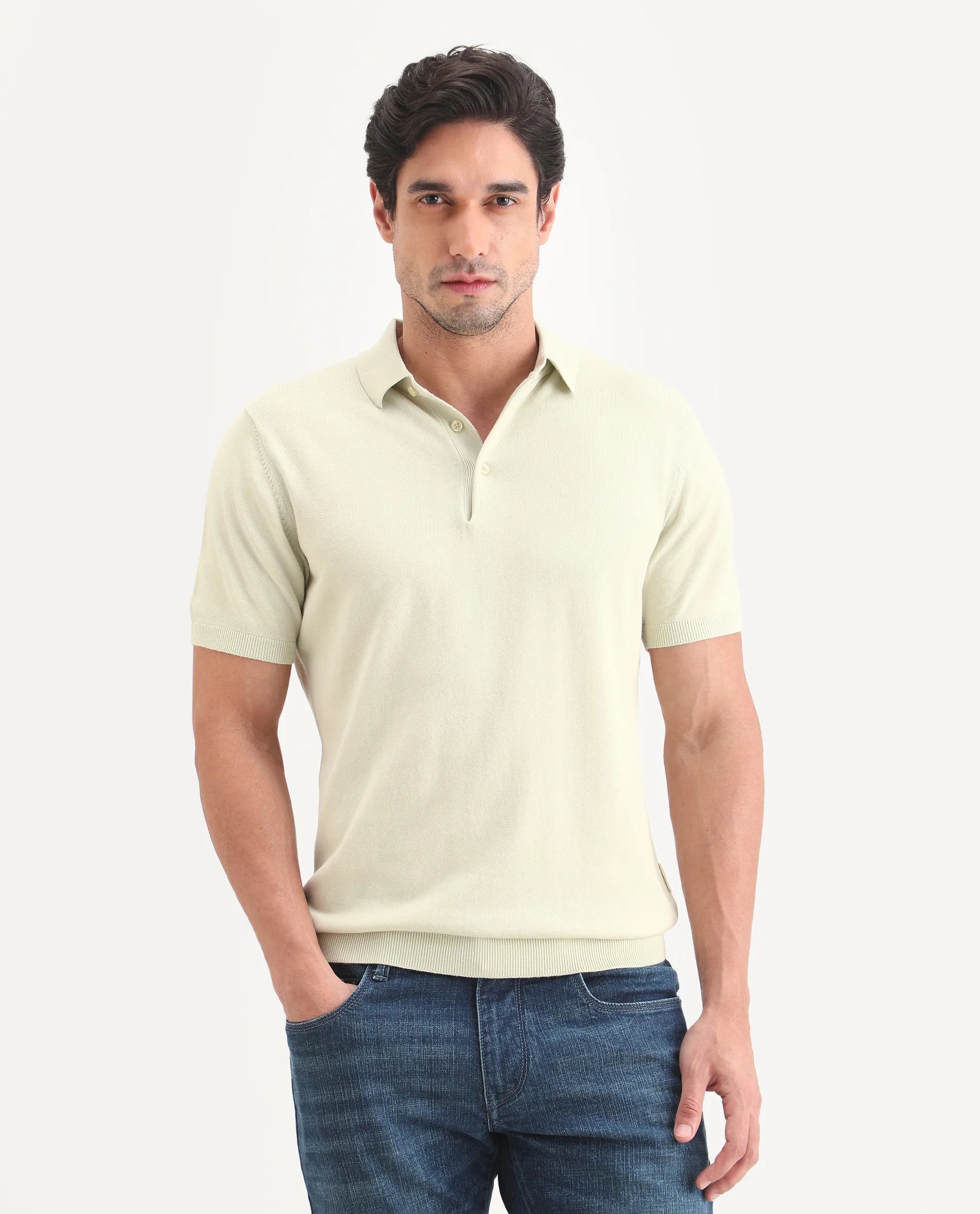 Rare Rabbit Men's Arc Fluorescent Green Cotton Fabric Half Sleeve Spread Collar Regular Plain Polo