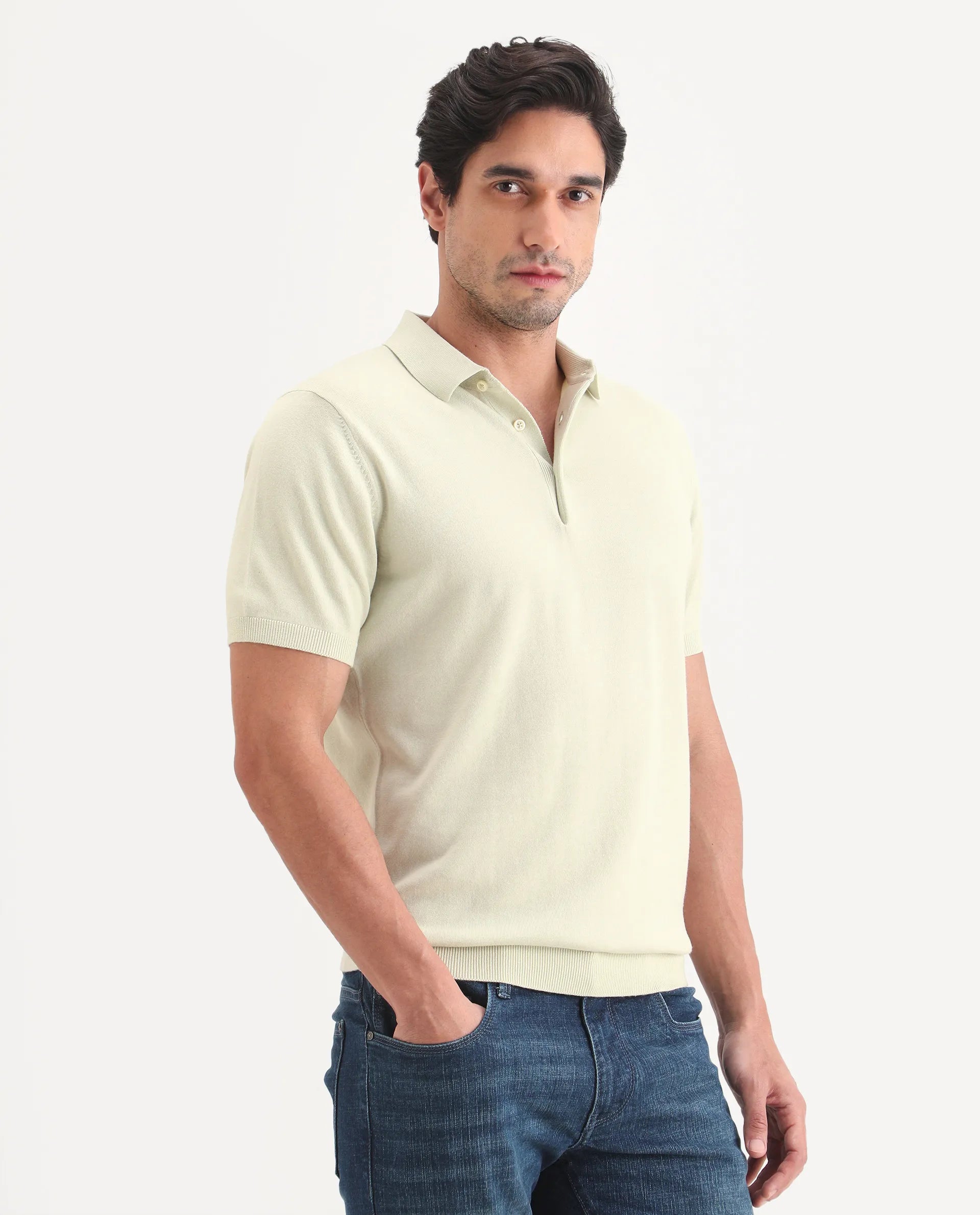 Rare Rabbit Men's Arc Fluorescent Green Cotton Fabric Half Sleeve Spread Collar Regular Plain Polo