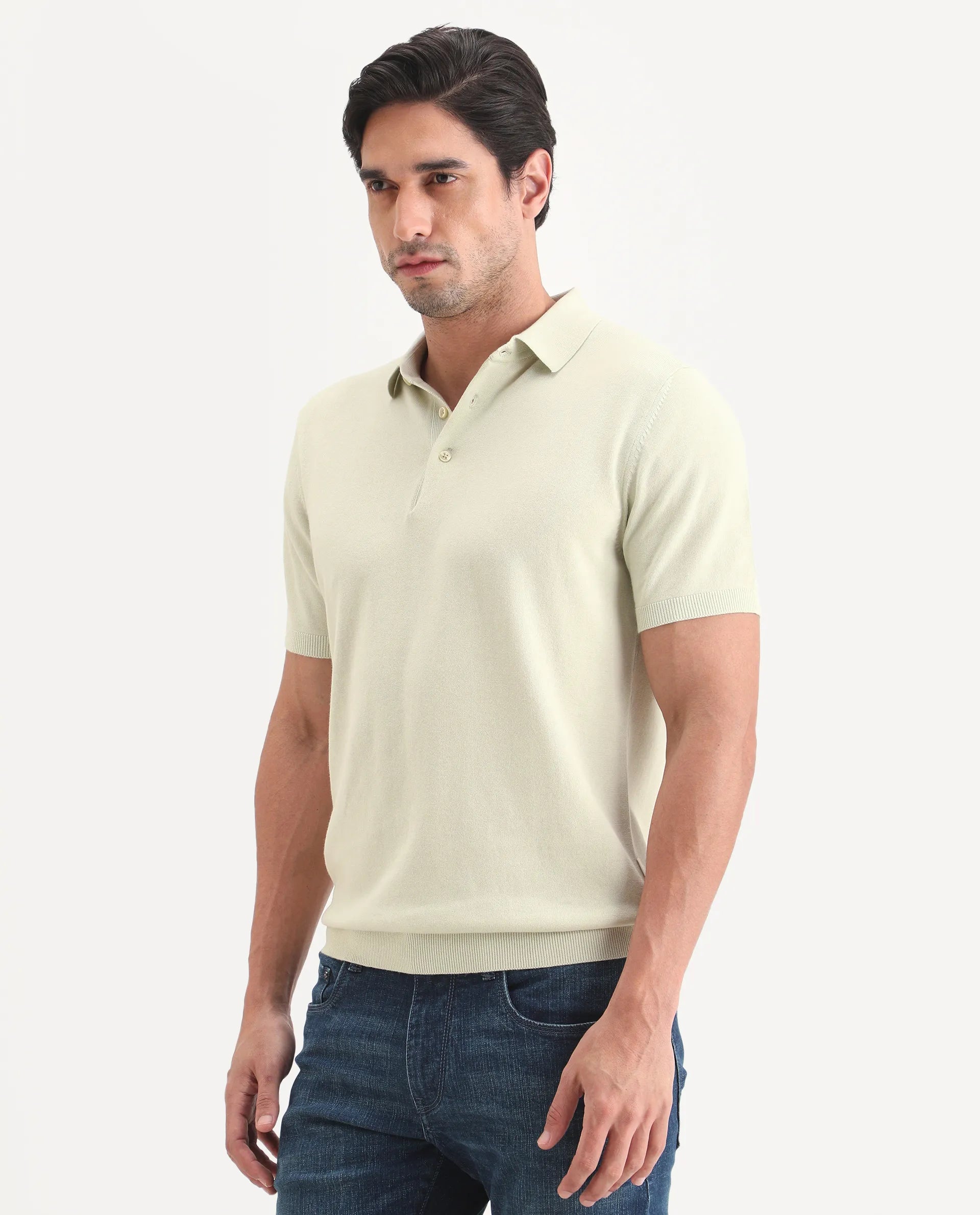 Rare Rabbit Men's Arc Fluorescent Green Cotton Fabric Half Sleeve Spread Collar Regular Plain Polo