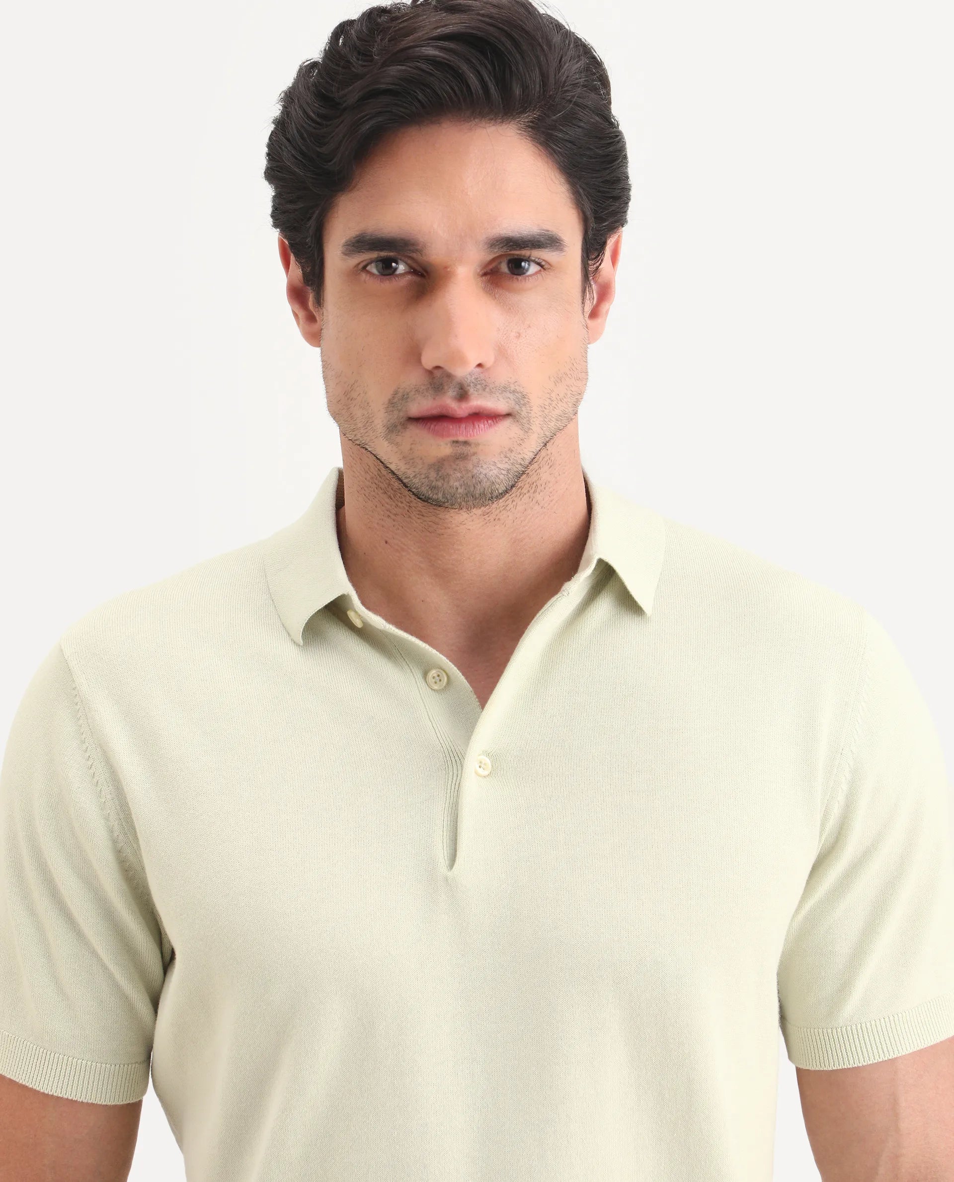 Rare Rabbit Men's Arc Fluorescent Green Cotton Fabric Half Sleeve Spread Collar Regular Plain Polo