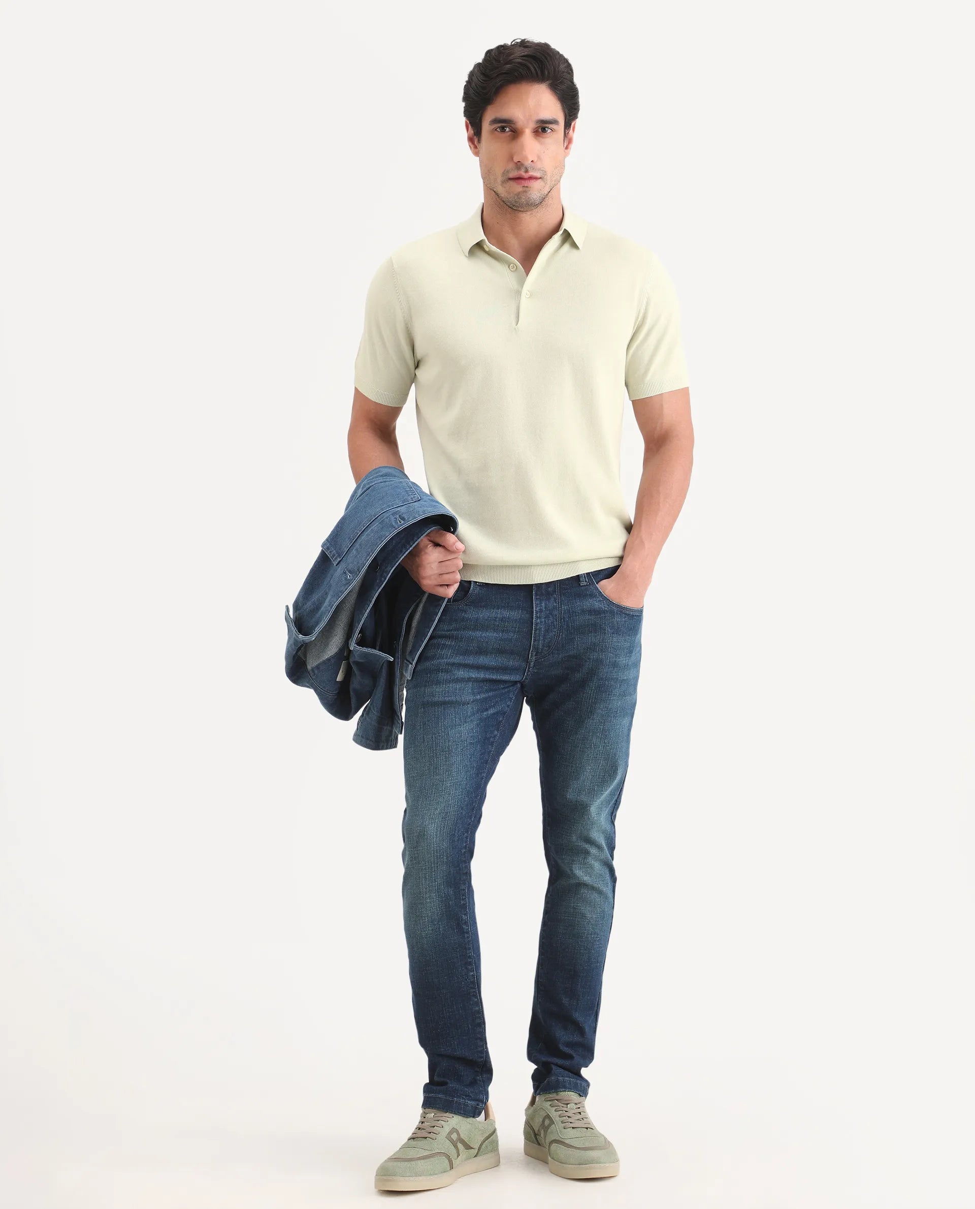 Rare Rabbit Men's Arc Fluorescent Green Cotton Fabric Half Sleeve Spread Collar Regular Plain Polo