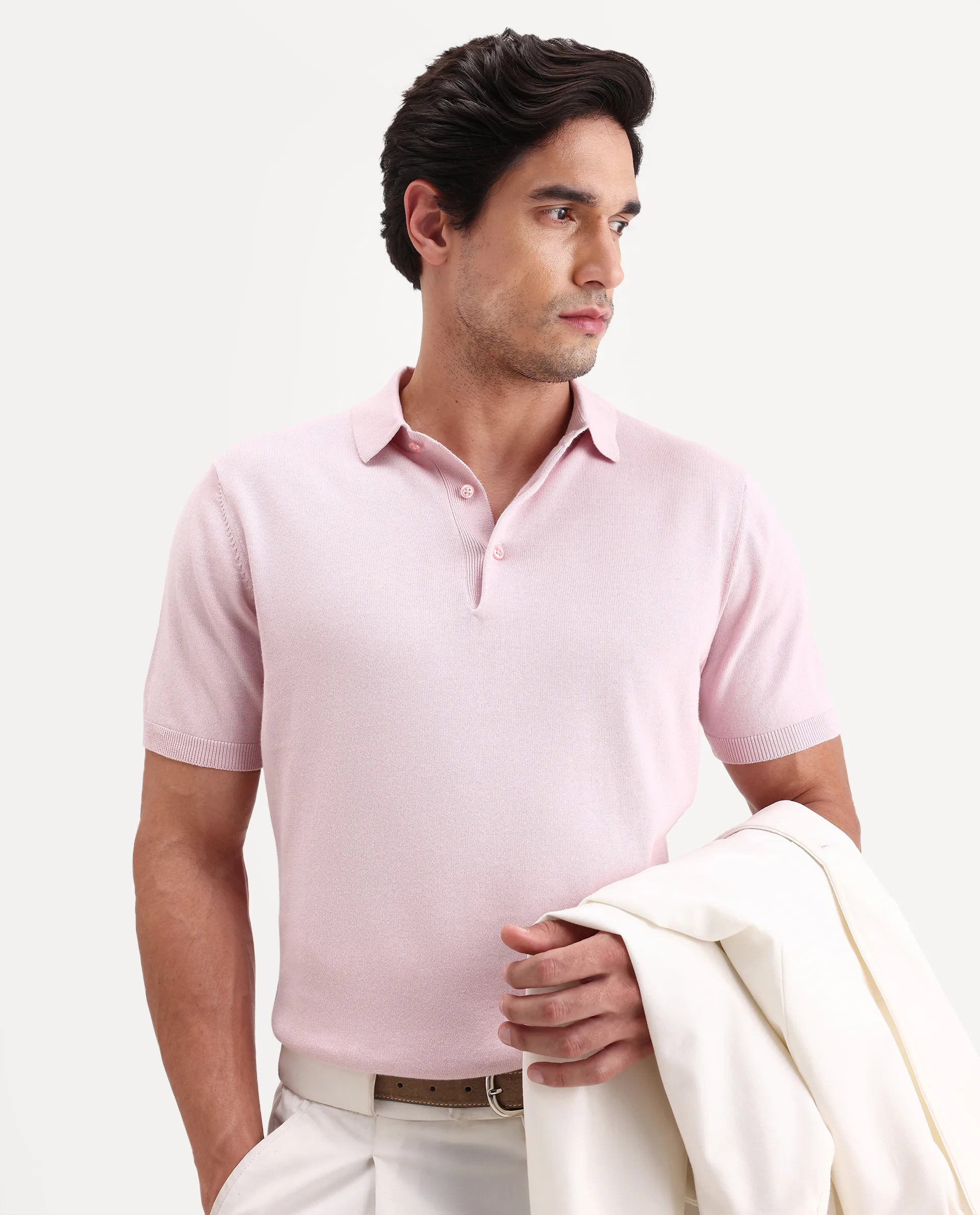 Rare Rabbit Men's Arc Light Pink Cotton Fabric Half Sleeve Spread Collar Regular Plain Polo