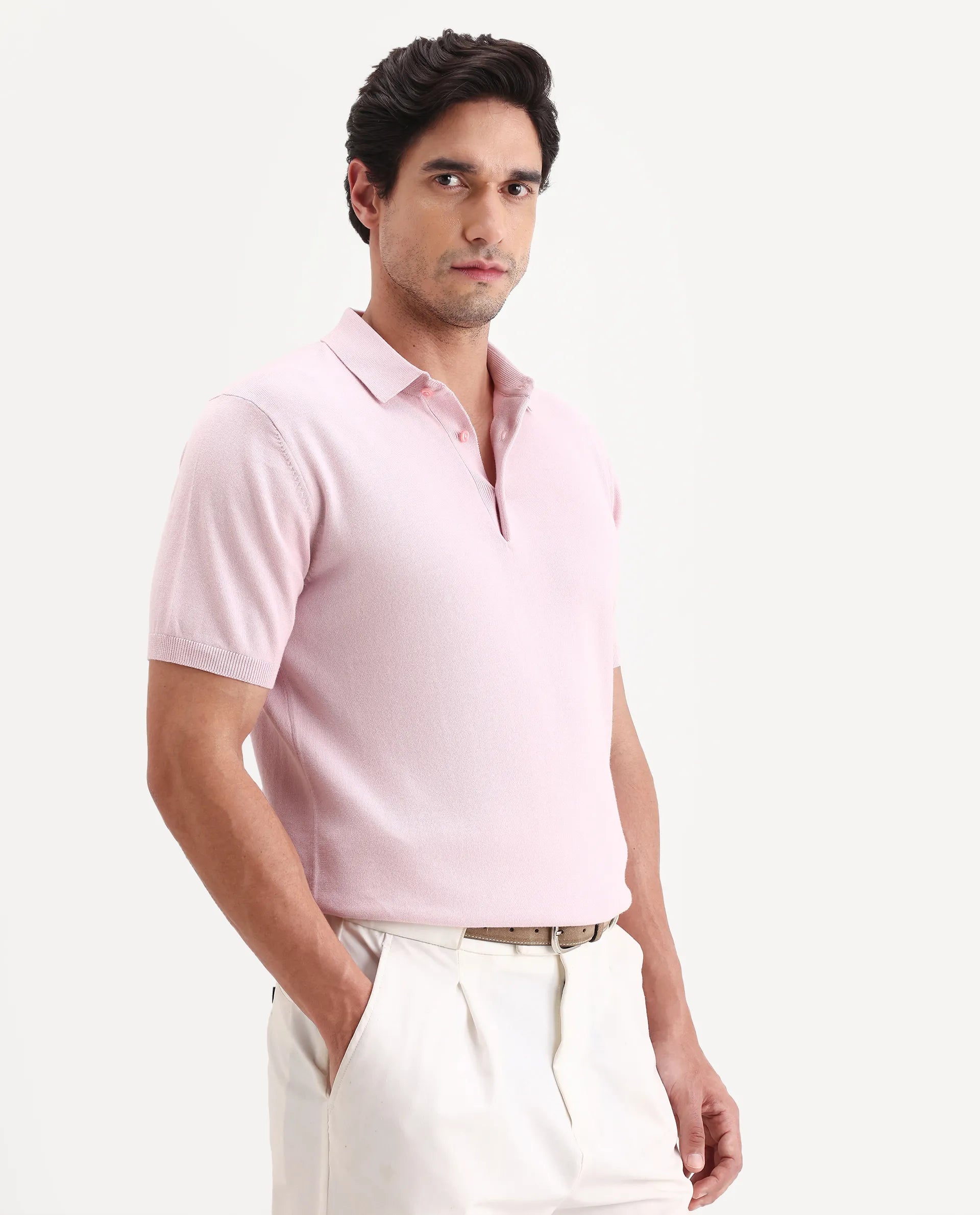 Rare Rabbit Men's Arc Light Pink Cotton Fabric Half Sleeve Spread Collar Regular Plain Polo