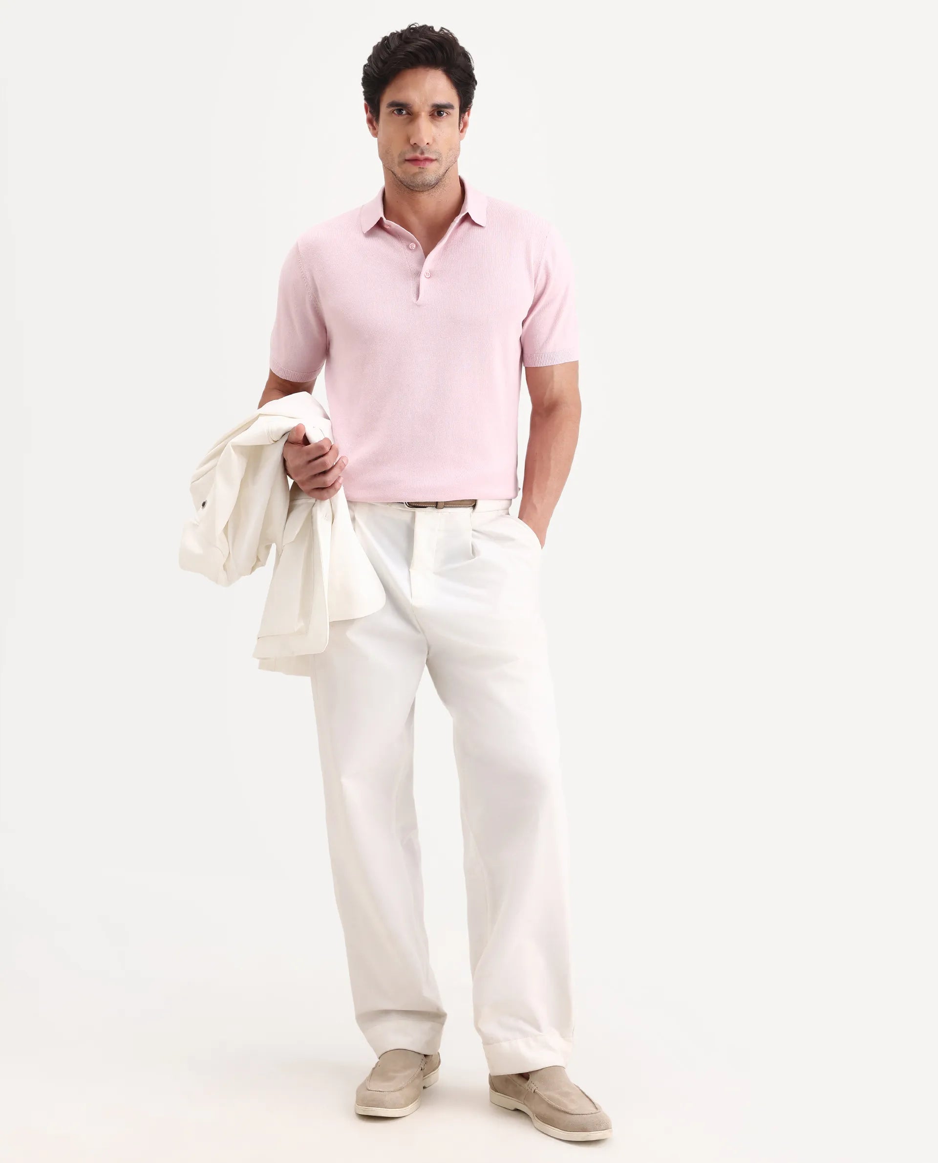 Rare Rabbit Men's Arc Light Pink Cotton Fabric Half Sleeve Spread Collar Regular Plain Polo