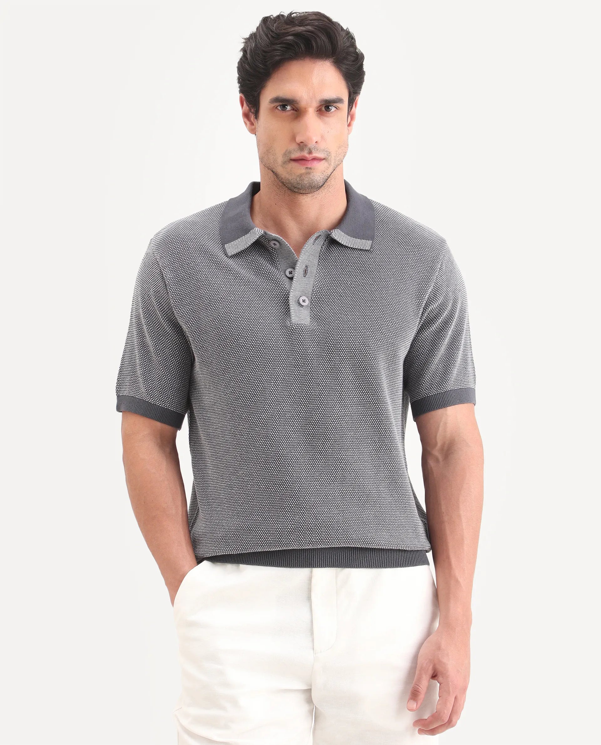 Rare Rabbit Men's Erme Dark Grey Cotton Fabric Half Sleeve Spread Collar Regular Jacquard Polo