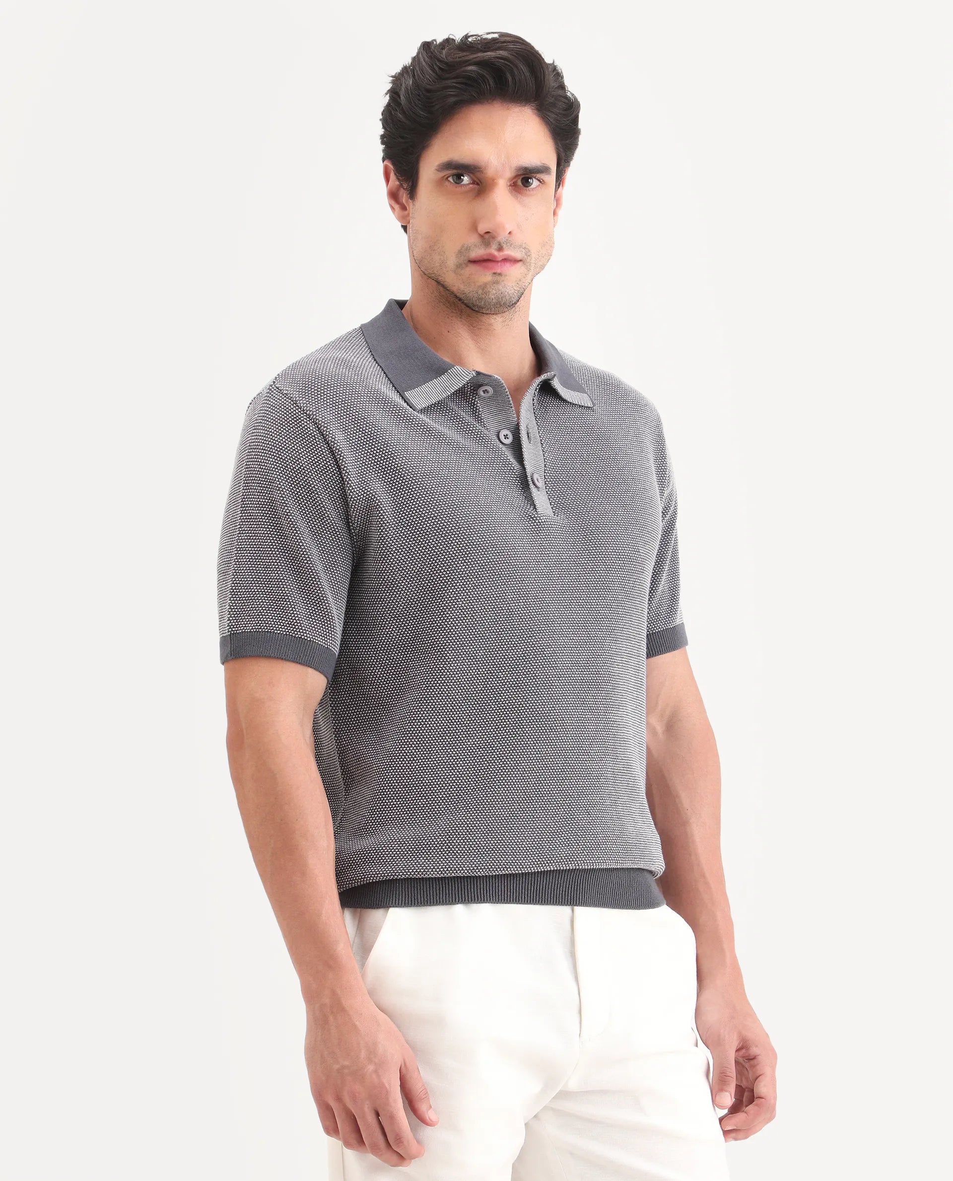 Rare Rabbit Men's Erme Dark Grey Cotton Fabric Half Sleeve Spread Collar Regular Jacquard Polo