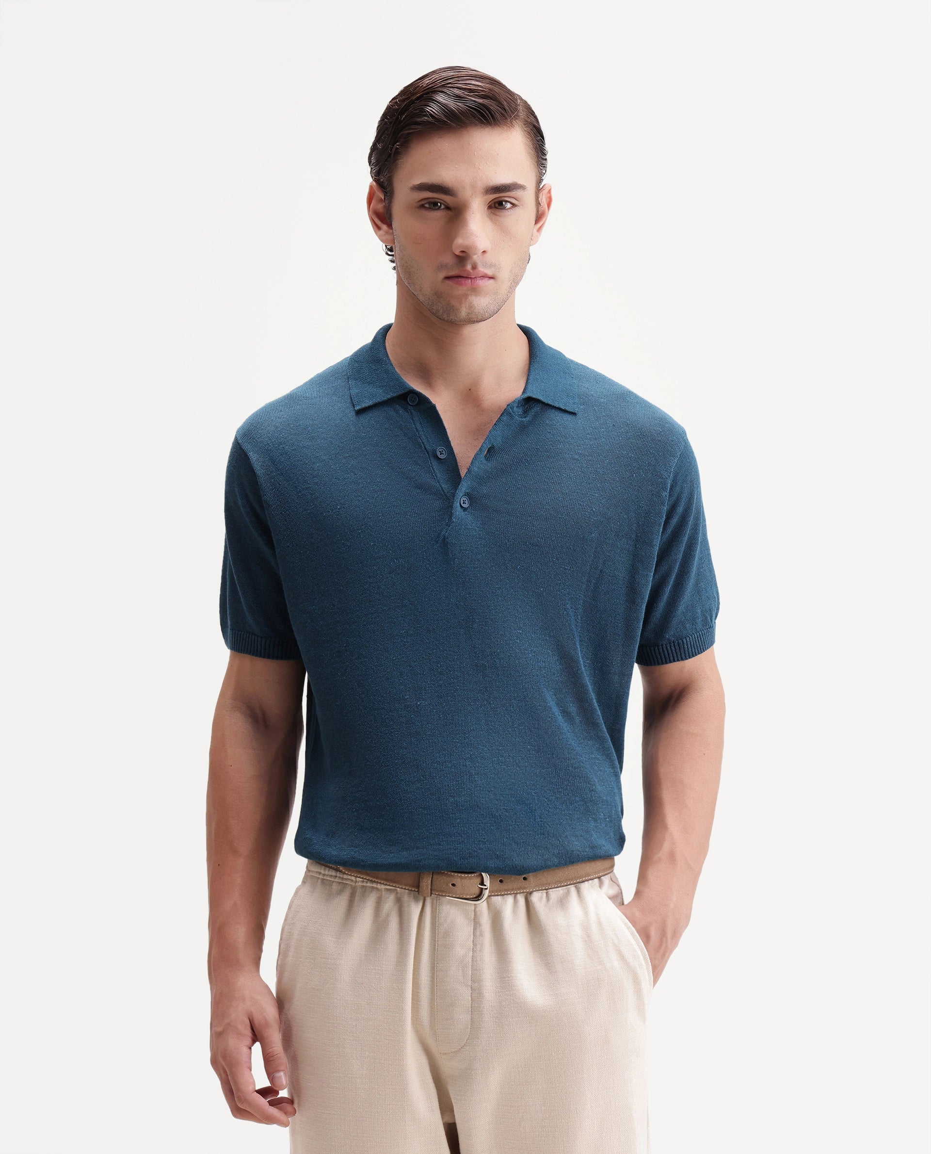 Rare Rabbit Men's Mekko-S26 Dark Teal Linen Blend Fabric Half Sleeve Spread Collar Regular Plain Polo