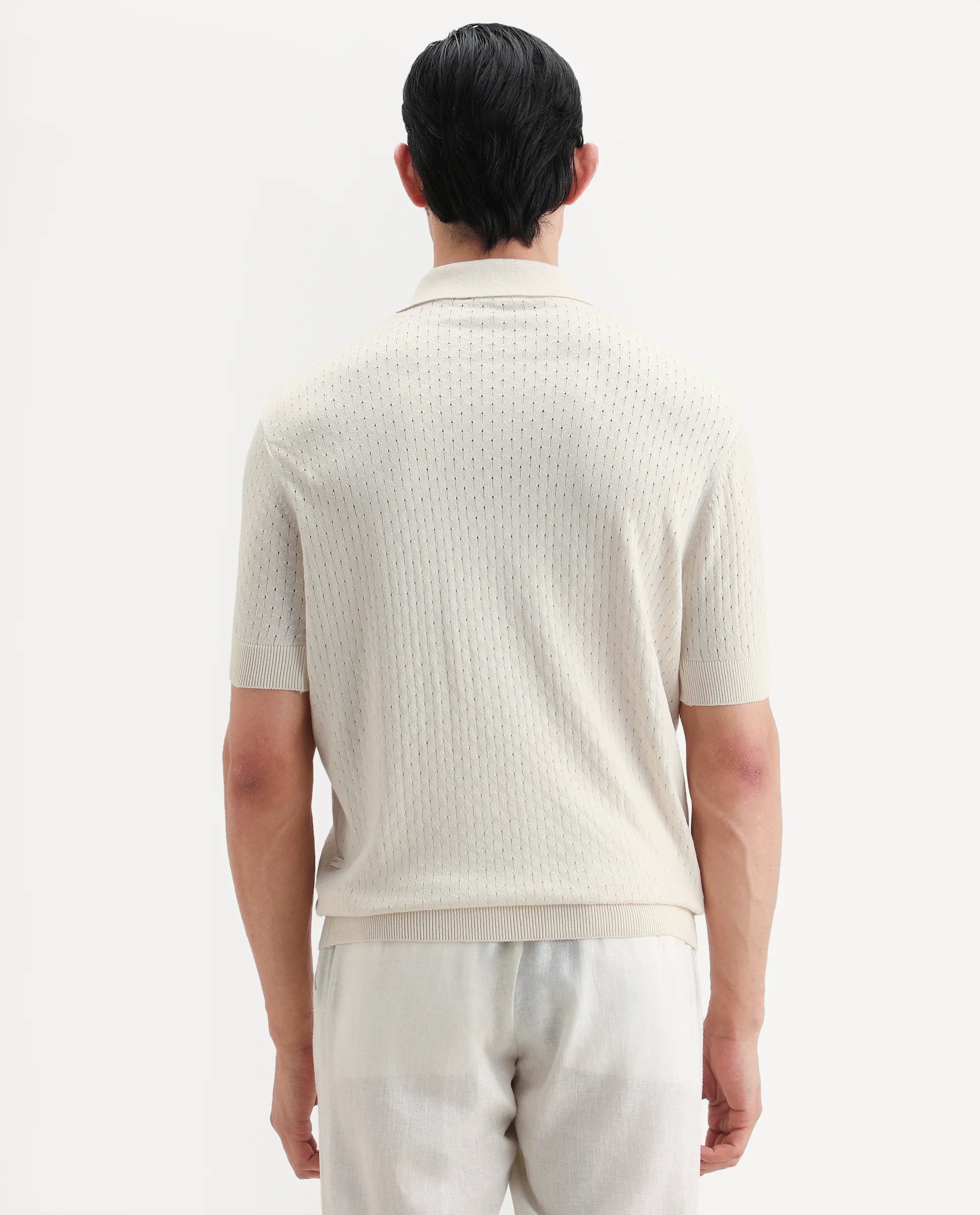 Rare Rabbit Men's Flay Off White Cotton Fabric Half Sleeve Jonny Collar Regular Jcaquard Polo