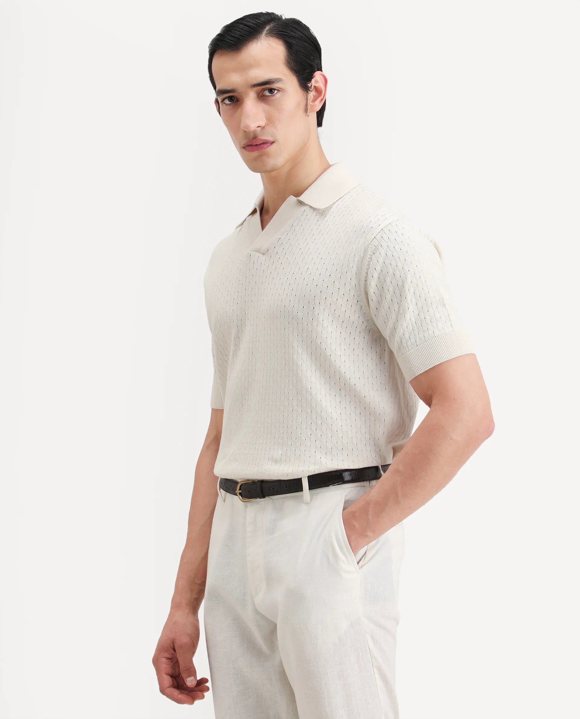 Rare Rabbit Men's Flay Off White Cotton Fabric Half Sleeve Jonny Collar Regular Jcaquard Polo