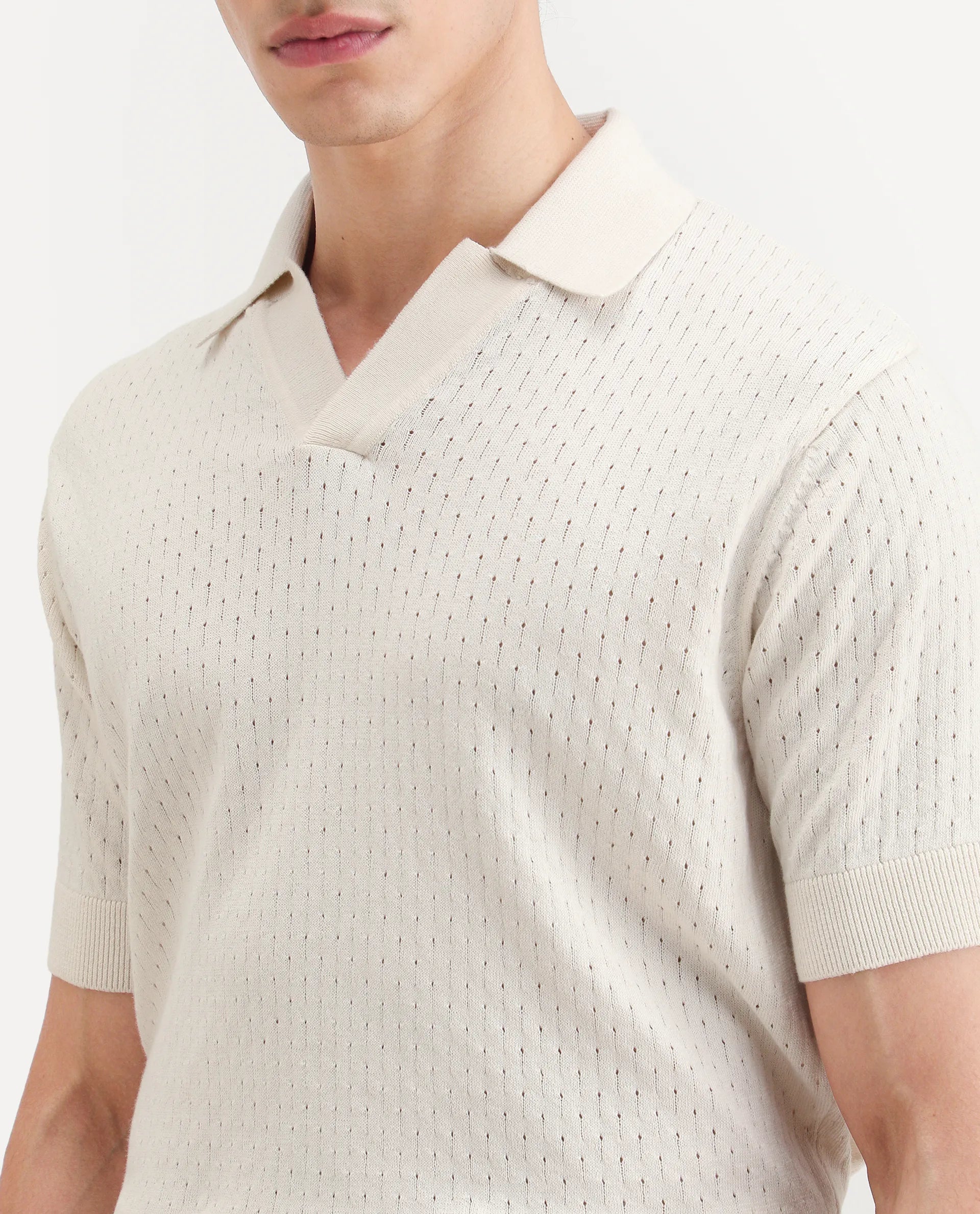 Rare Rabbit Men's Flay Off White Cotton Fabric Half Sleeve Jonny Collar Regular Jcaquard Polo
