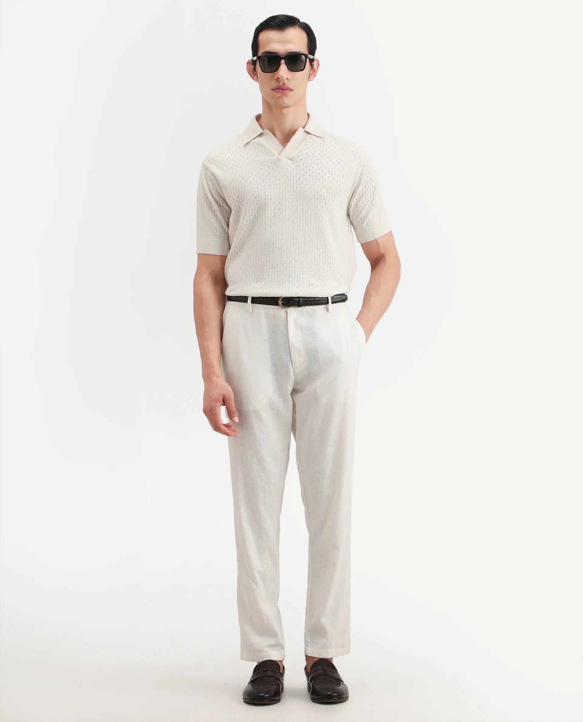 Rare Rabbit Men's Flay Off White Cotton Fabric Half Sleeve Jonny Collar Regular Jcaquard Polo