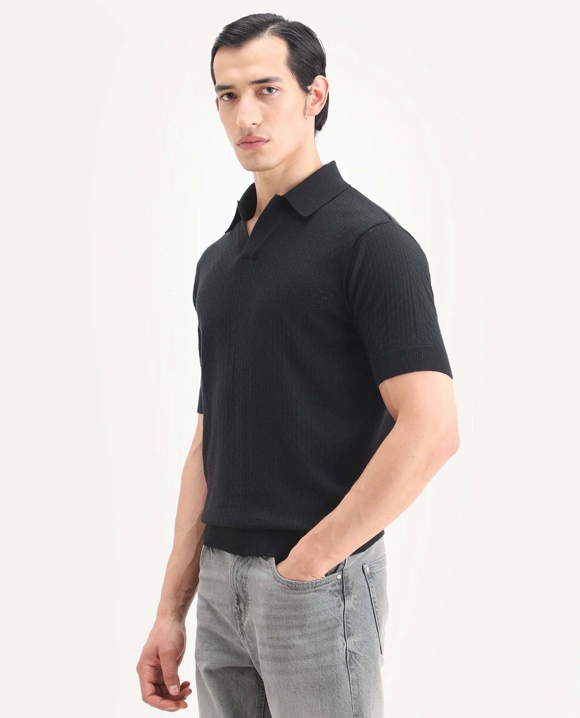 Rare Rabbit Men's Flay Black Cotton Fabric Half Sleeve Johnny Collar Regular Jacquard Polo