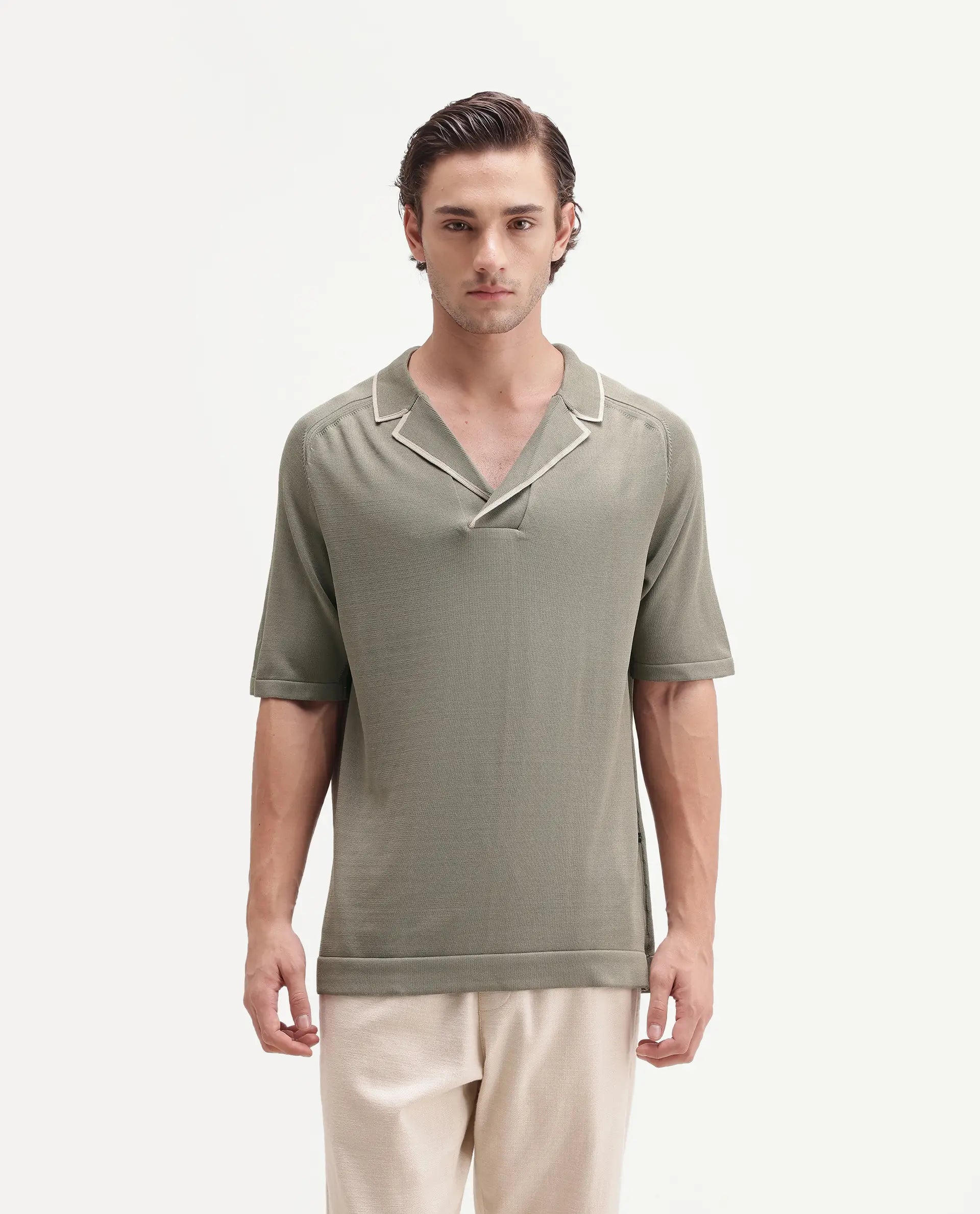 Rare Rabbit Men's Miri-Aw26 Dusky Green Viscose Blend Fabric Half Sleeve Cuban Collar Regular Fit Plain Polo