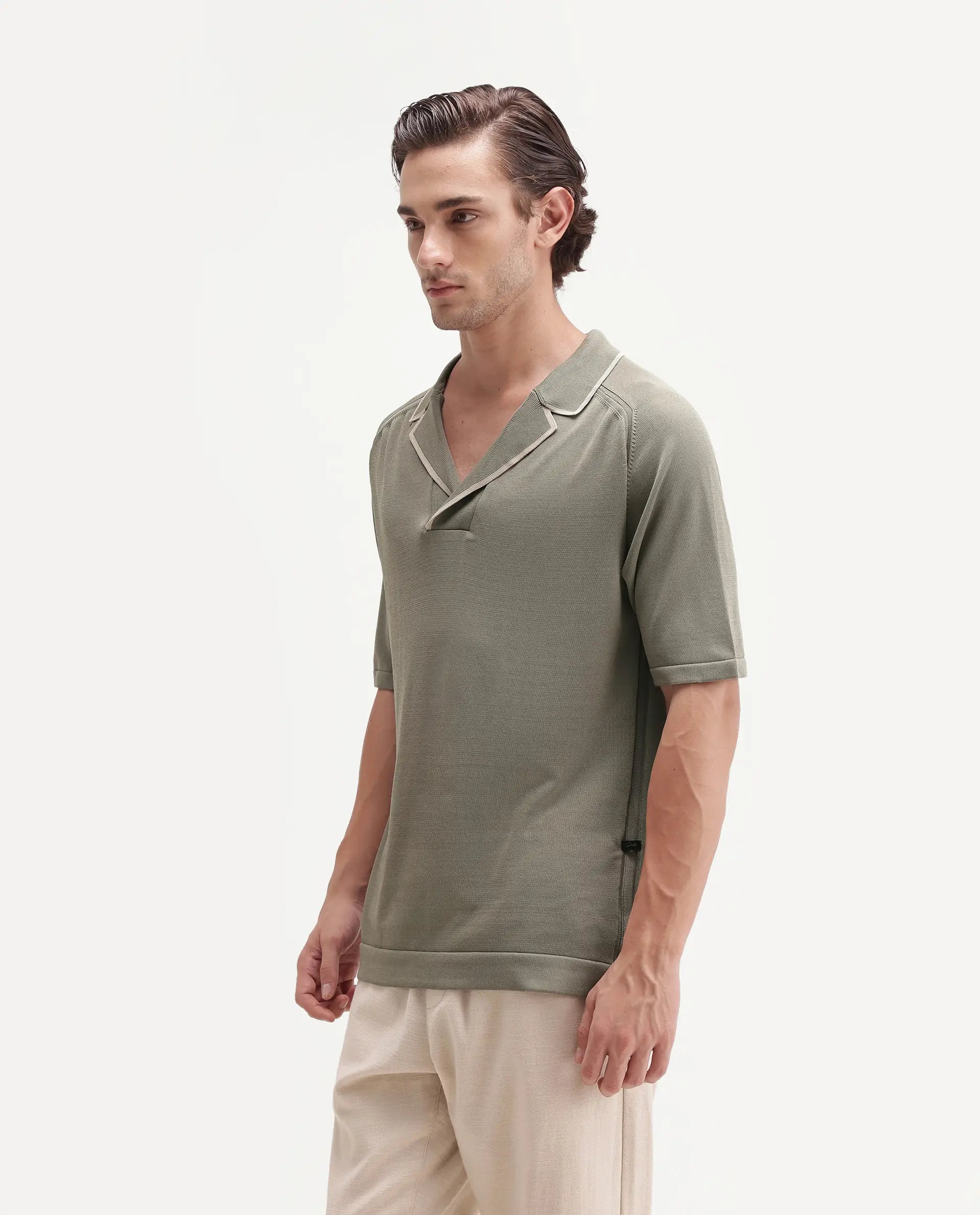 Rare Rabbit Men's Miri-Aw26 Dusky Green Viscose Blend Fabric Half Sleeve Cuban Collar Regular Fit Plain Polo