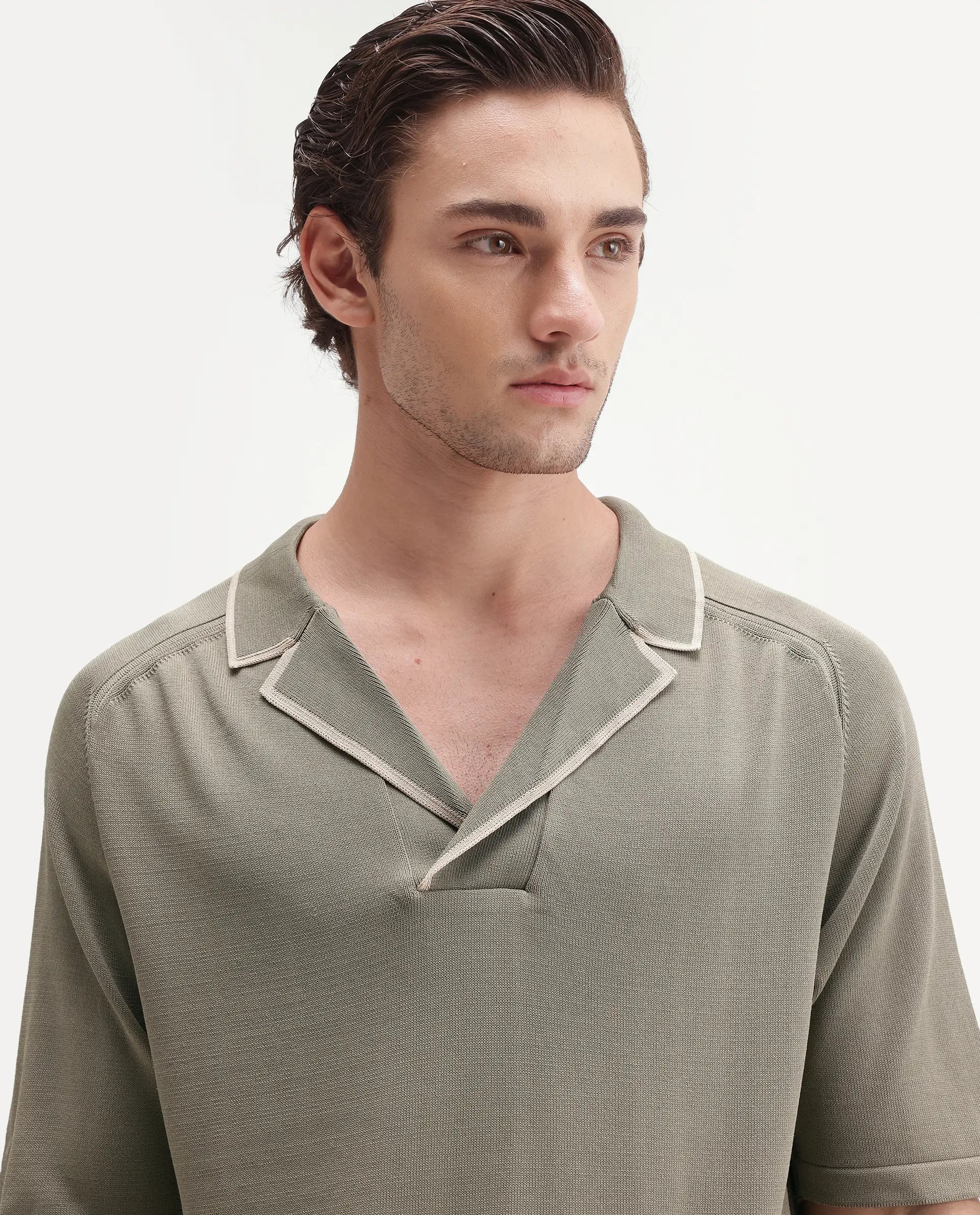 Rare Rabbit Men's Miri-Aw26 Dusky Green Viscose Blend Fabric Half Sleeve Cuban Collar Regular Fit Plain Polo