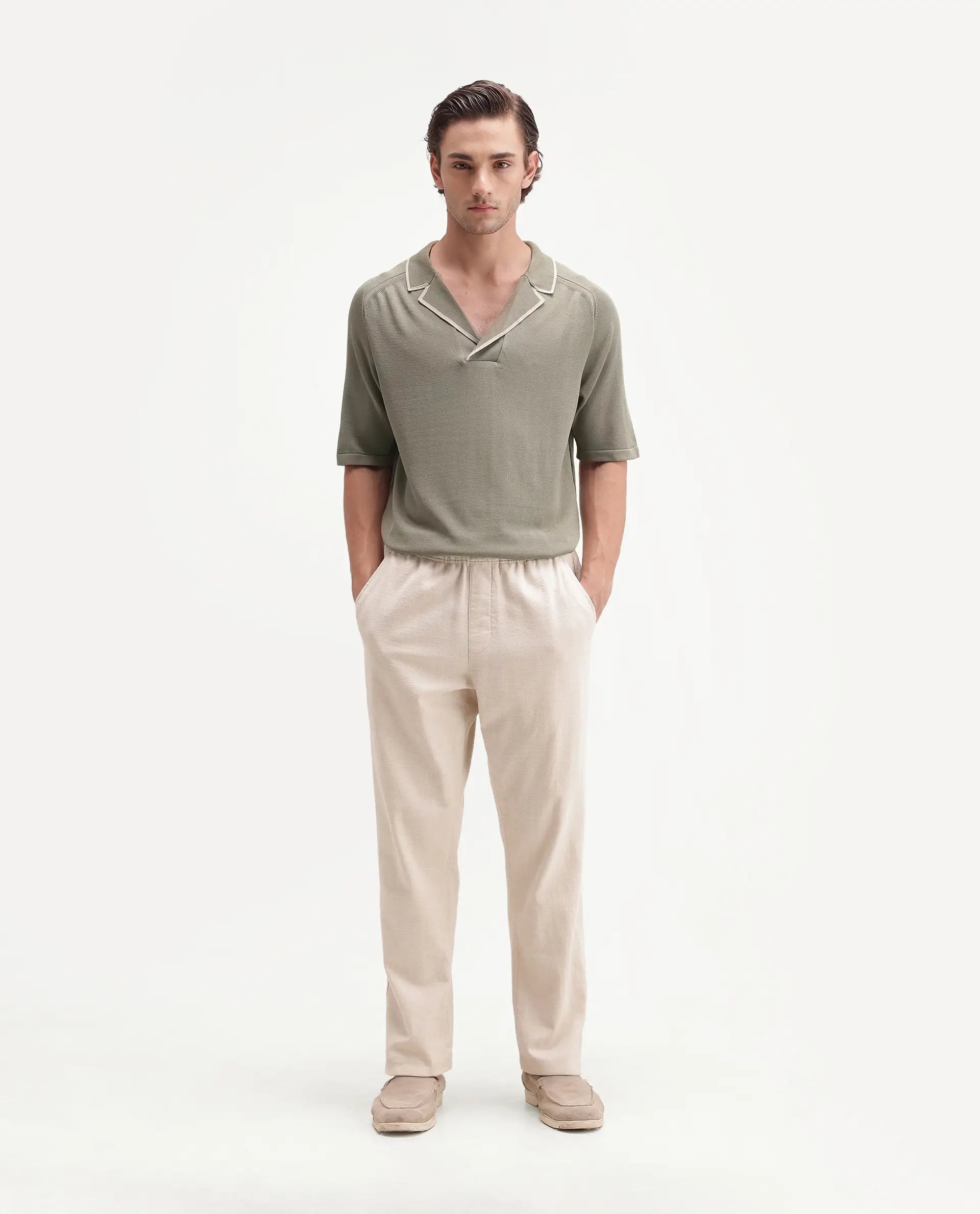 Rare Rabbit Men's Miri-Aw26 Dusky Green Viscose Blend Fabric Half Sleeve Cuban Collar Regular Fit Plain Polo