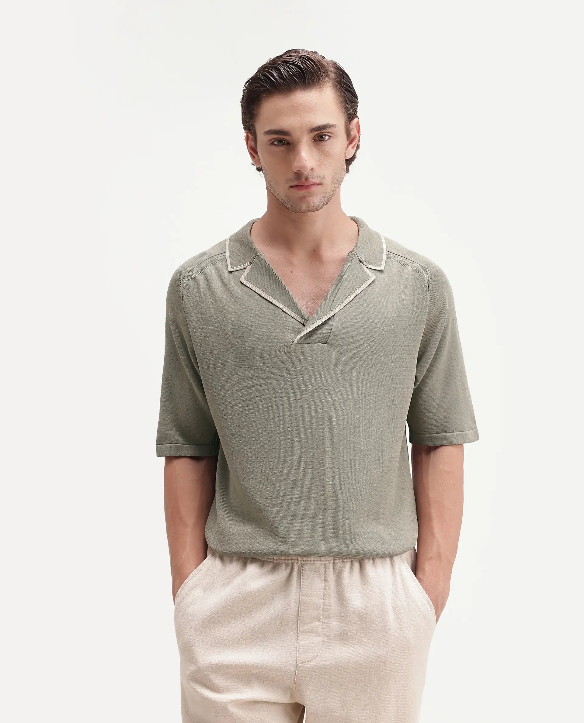 Rare Rabbit Men's Miri-Aw26 Dusky Green Viscose Blend Fabric Half Sleeve Cuban Collar Regular Fit Plain Polo