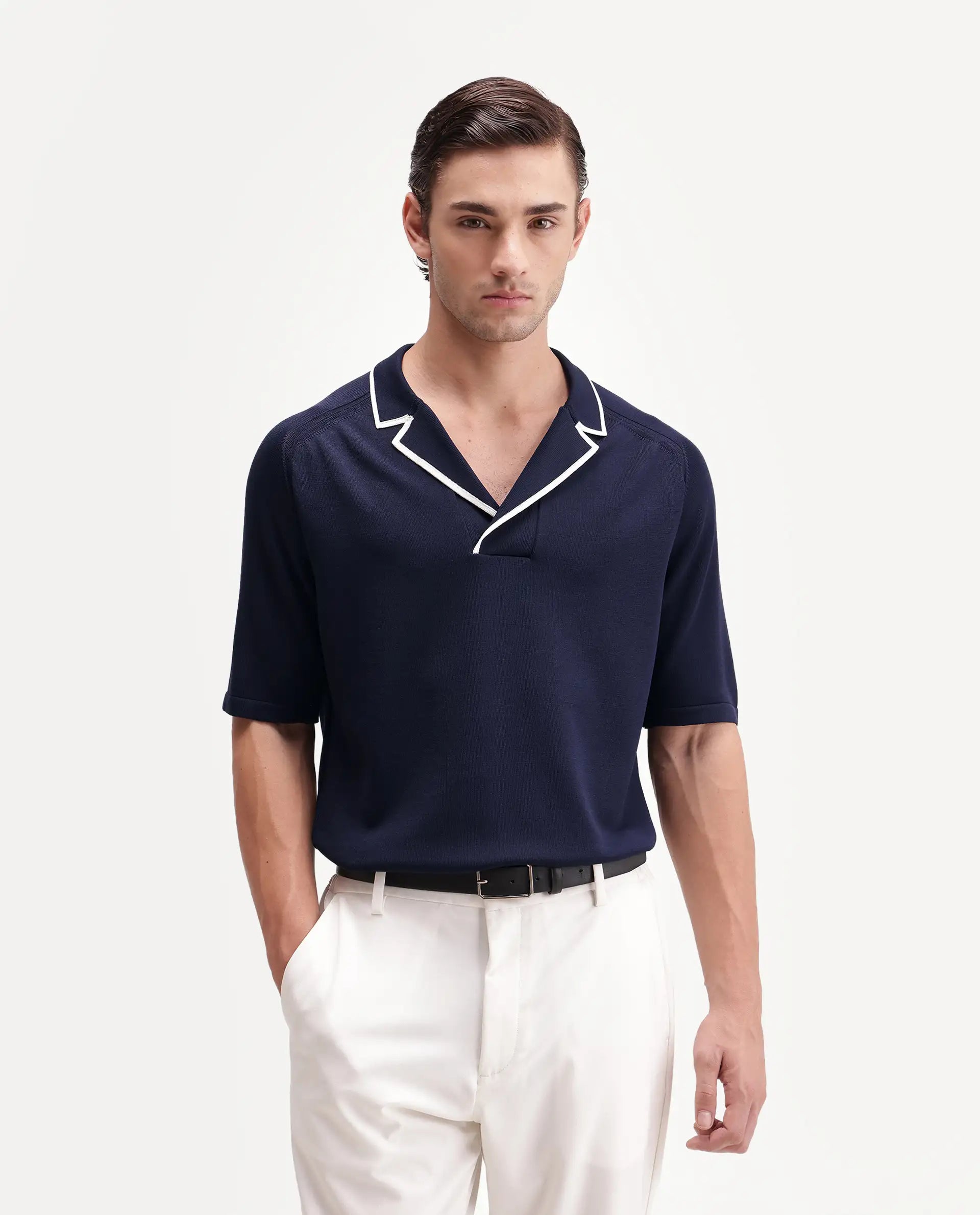Rare Rabbit Men's Miri-Aw26 Dark Navy Viscose Blend Fabric Half Sleeve Cuban Collar Regular Fit Plain Polo