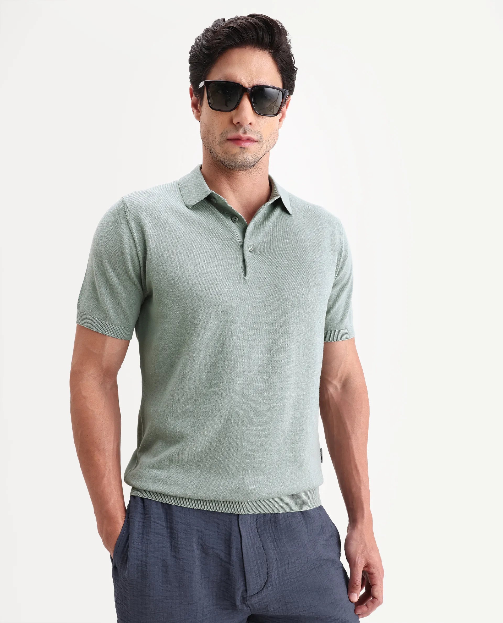 Rare Rabbit Men's Arc Pastel Green Cotton Fabric Half Sleeve Spread Collar Regular Plain Polo