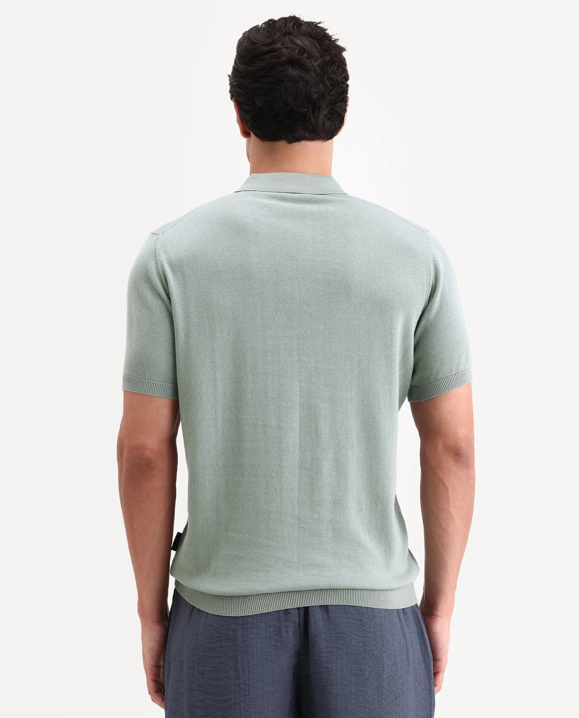 Rare Rabbit Men's Arc Pastel Green Cotton Fabric Half Sleeve Spread Collar Regular Plain Polo