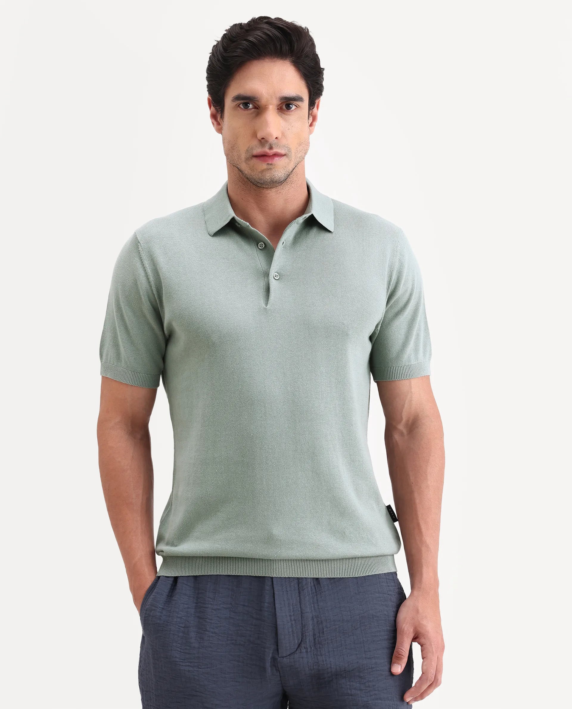 Rare Rabbit Men's Arc Pastel Green Cotton Fabric Half Sleeve Spread Collar Regular Plain Polo