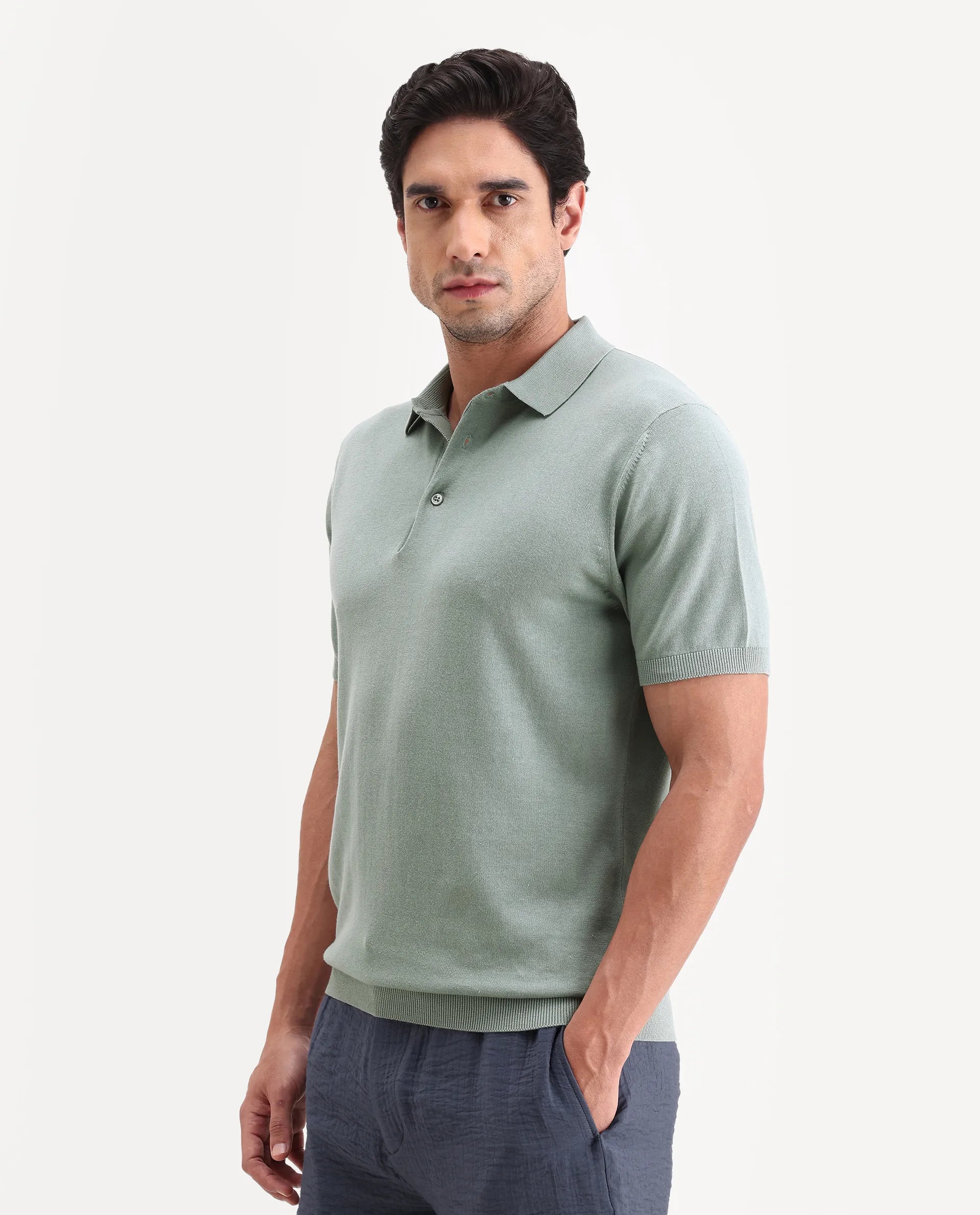 Rare Rabbit Men's Arc Pastel Green Cotton Fabric Half Sleeve Spread Collar Regular Plain Polo
