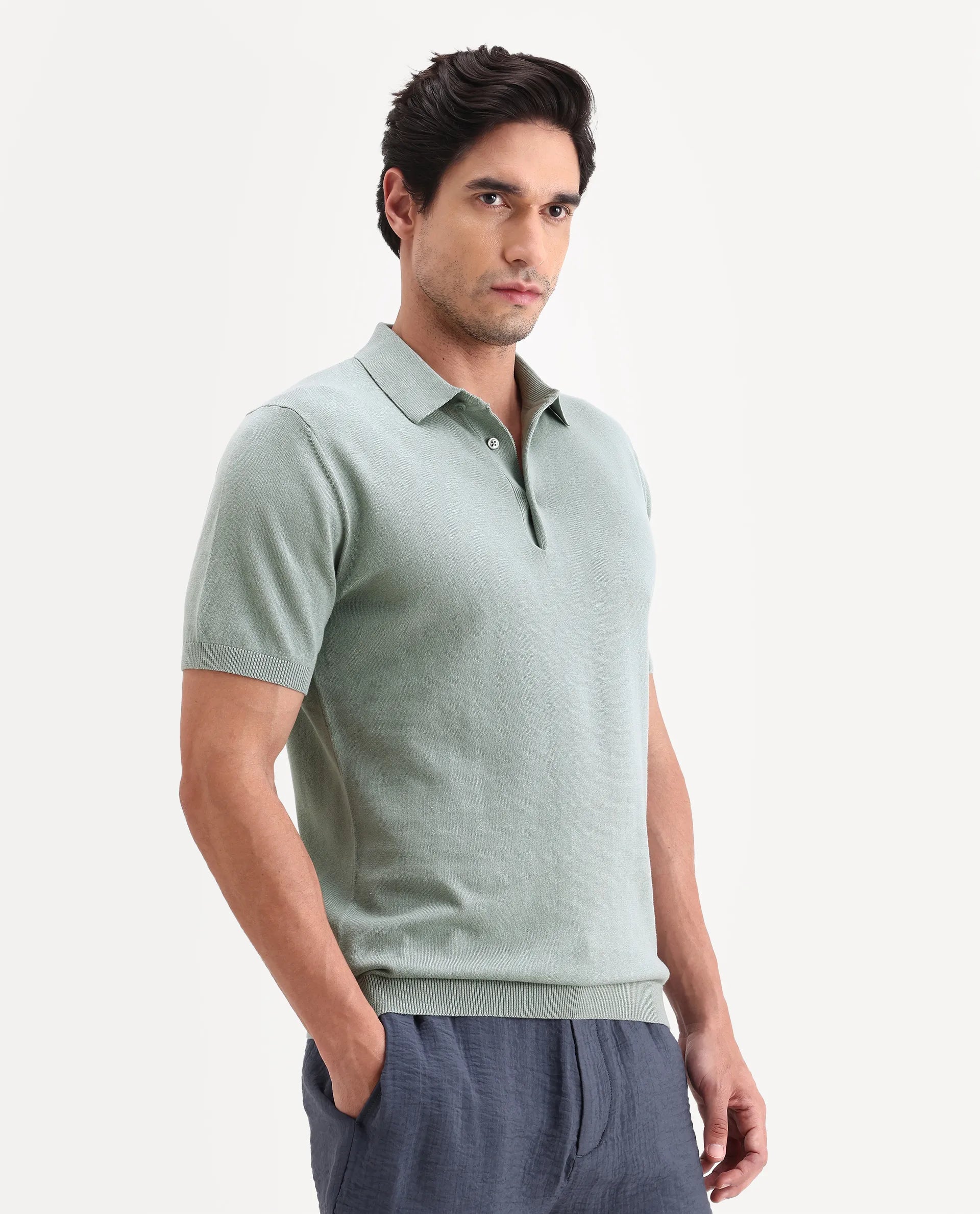 Rare Rabbit Men's Arc Pastel Green Cotton Fabric Half Sleeve Spread Collar Regular Plain Polo