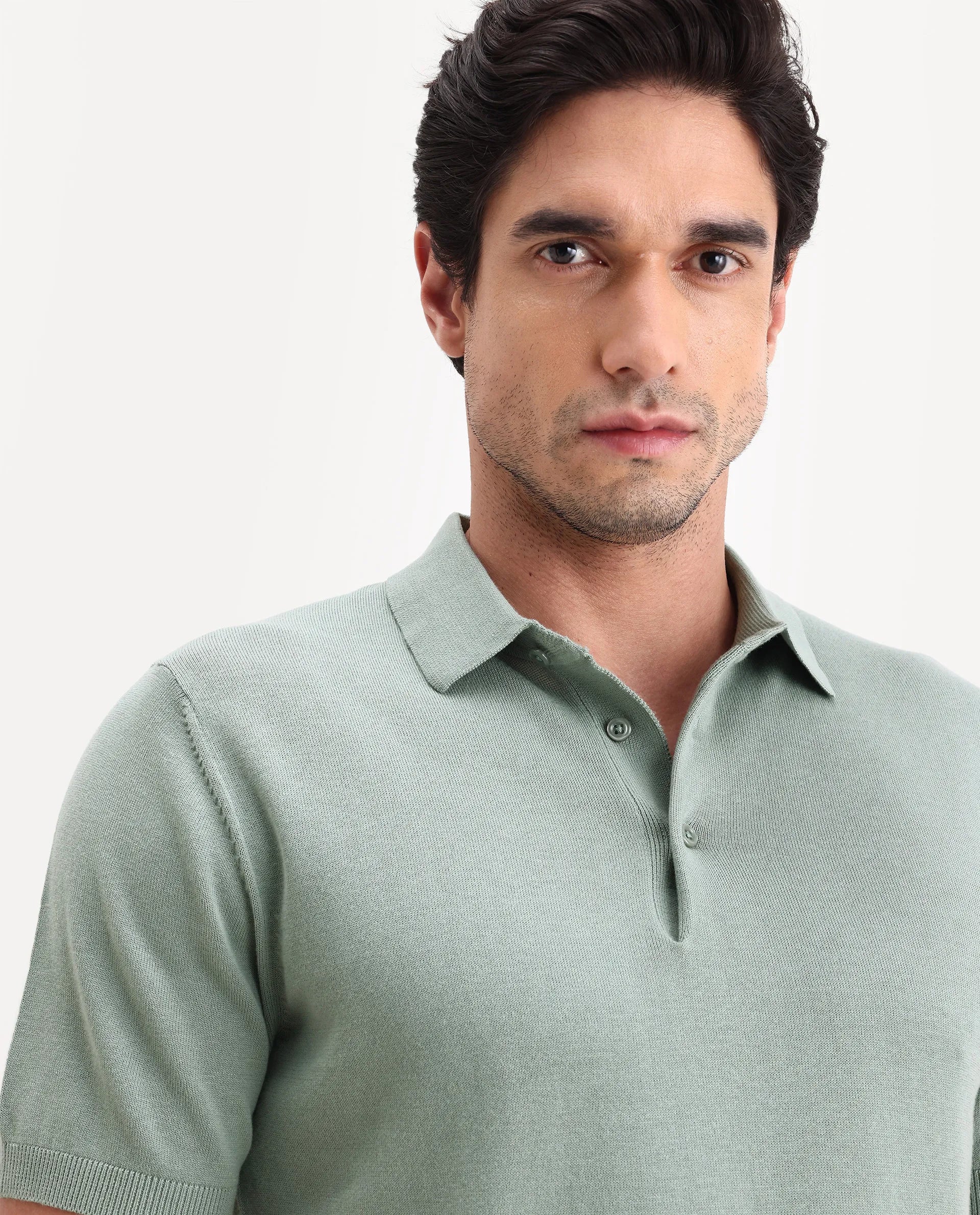 Rare Rabbit Men's Arc Pastel Green Cotton Fabric Half Sleeve Spread Collar Regular Plain Polo