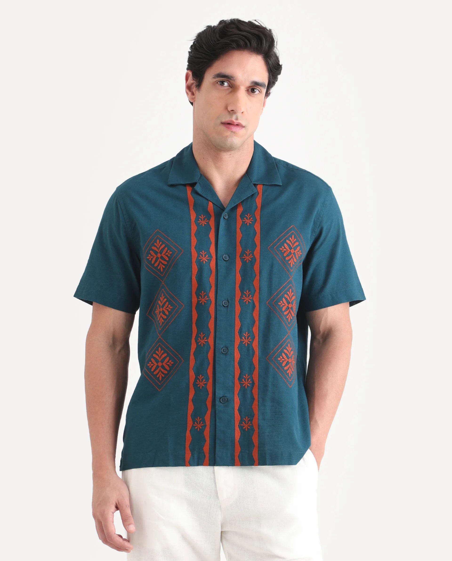 Rare Rabbit Men's Eron Dark Teal Linen Blend Fabric Half Sleeve Cuban Collar Relaxed Fit Embroidered Shirt