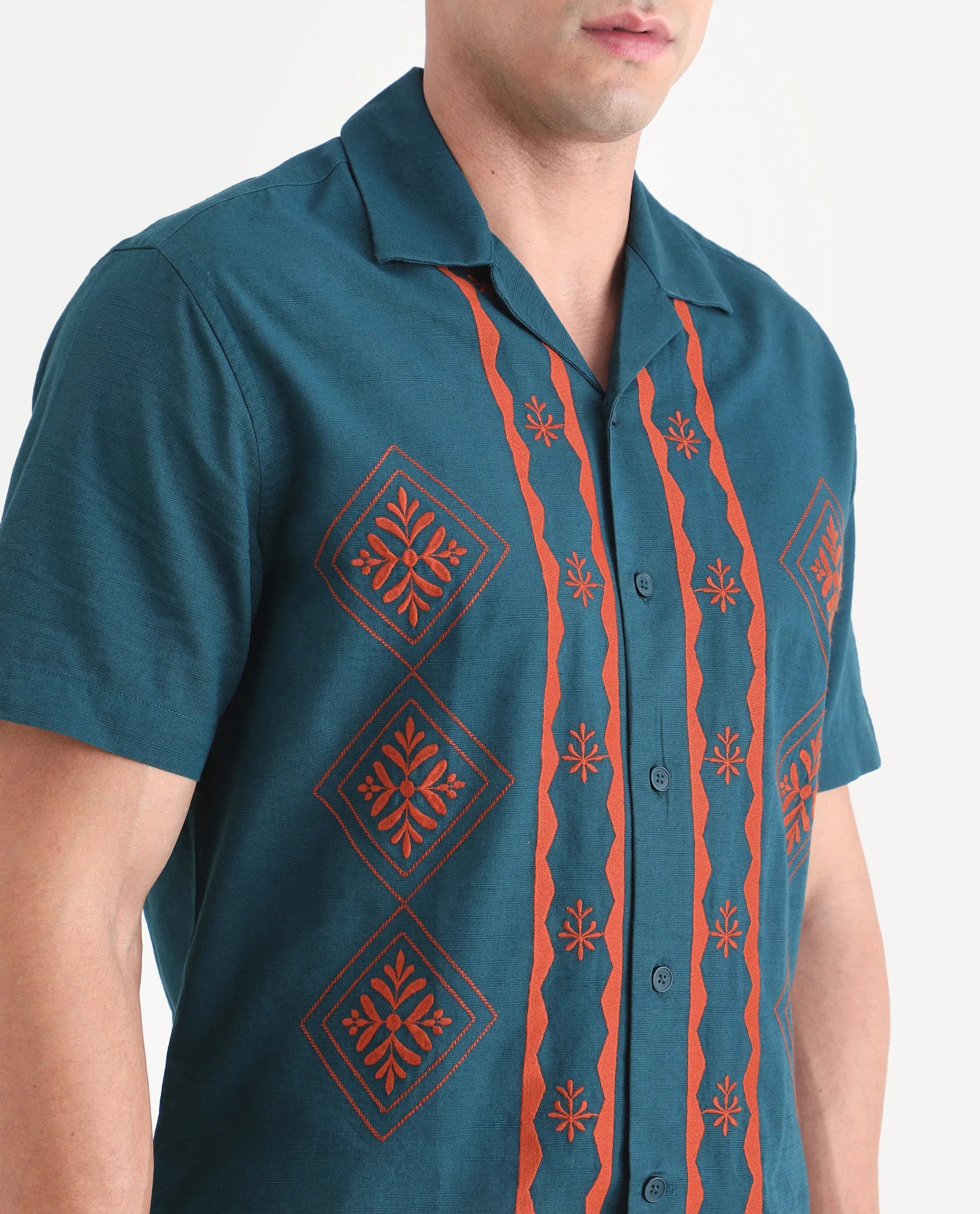 Rare Rabbit Men's Eron Dark Teal Linen Blend Fabric Half Sleeve Cuban Collar Relaxed Fit Embroidered Shirt