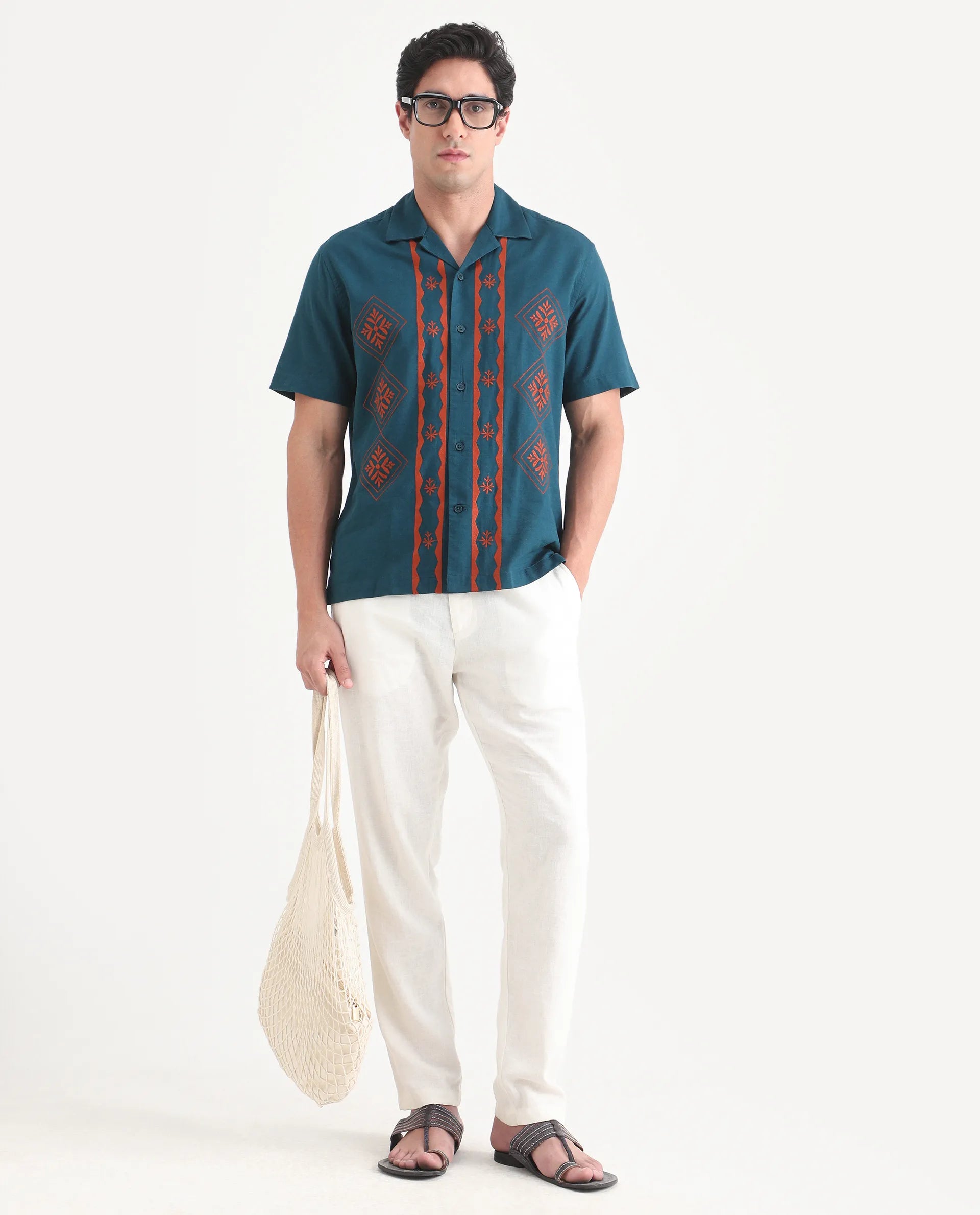 Rare Rabbit Men's Eron Dark Teal Linen Blend Fabric Half Sleeve Cuban Collar Relaxed Fit Embroidered Shirt