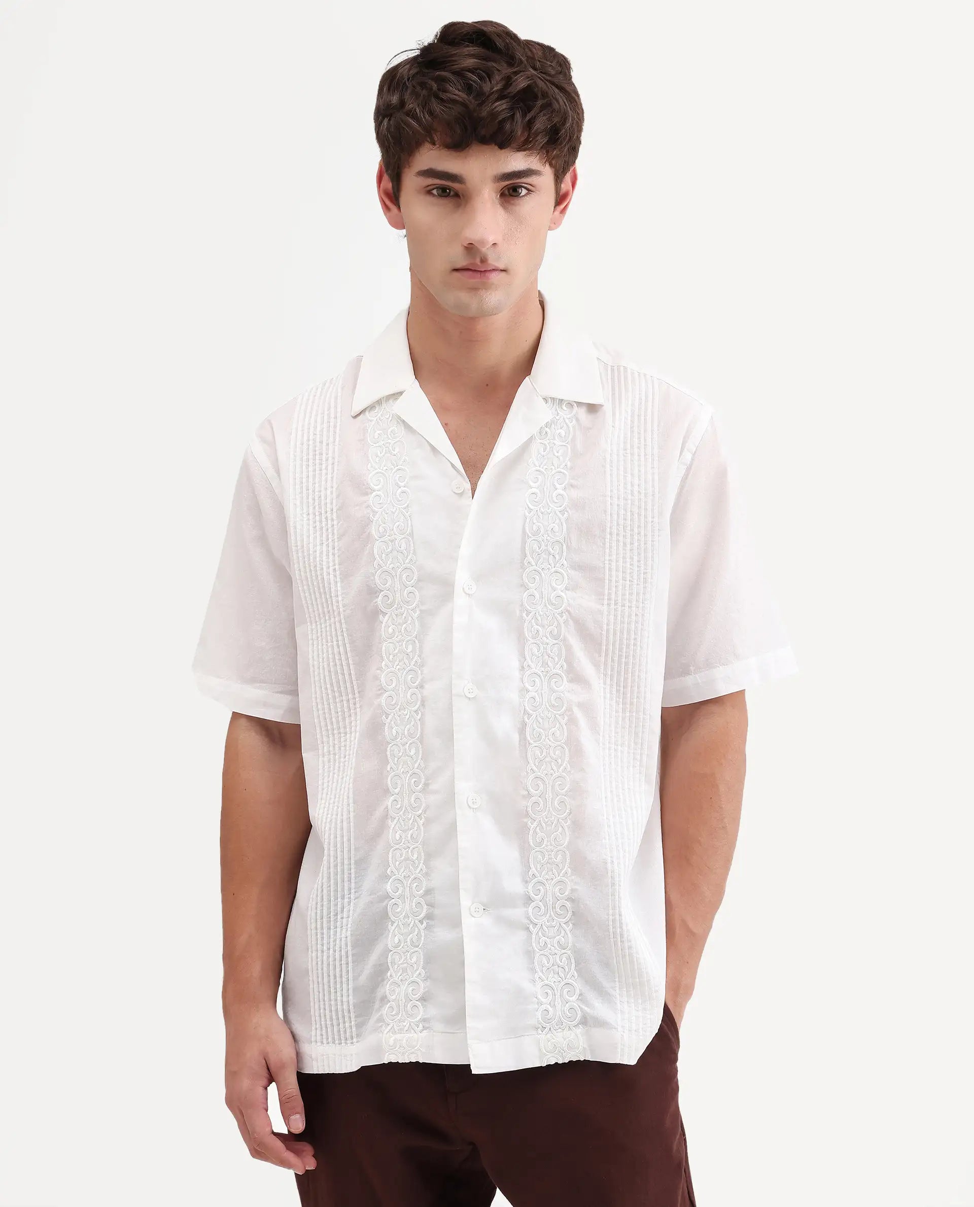 Rare Rabbit Men's Tuko White Cotton Fabric Half Sleeve Cuban Collar Relaxed fit Embroidered Shirt