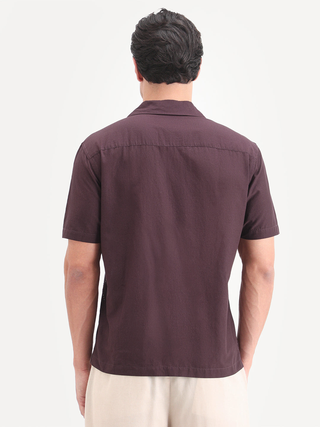 Rare Rabbit Men's Texa Maroon Cotton Fabric Half Sleeve Cuban Collar Relaxed Fit Embroidered Shirt
