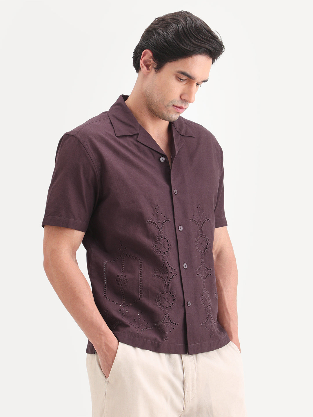 Rare Rabbit Men's Texa Maroon Cotton Fabric Half Sleeve Cuban Collar Relaxed Fit Embroidered Shirt
