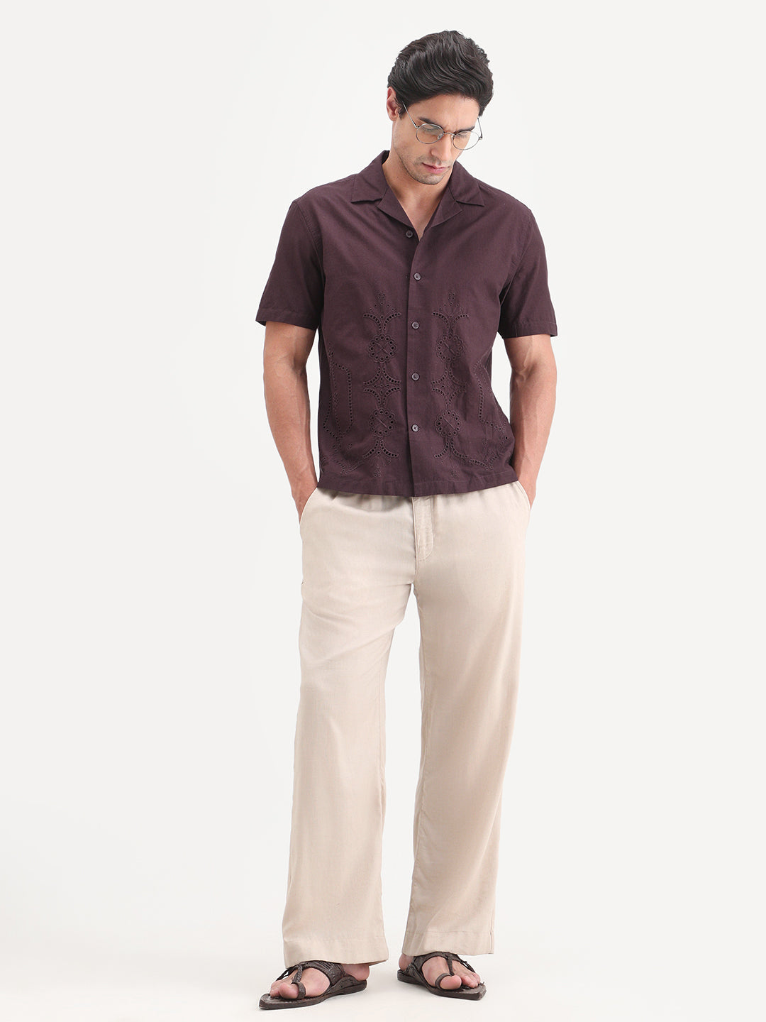 Rare Rabbit Men's Texa Maroon Cotton Fabric Half Sleeve Cuban Collar Relaxed Fit Embroidered Shirt