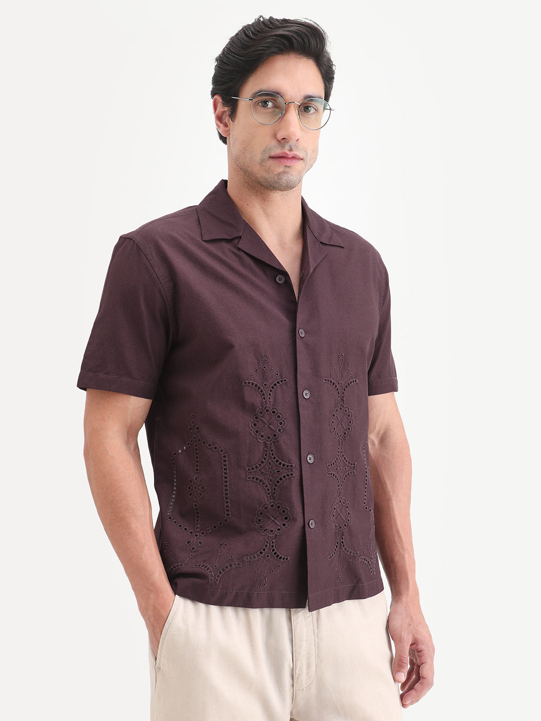 Rare Rabbit Men's Texa Maroon Cotton Fabric Half Sleeve Cuban Collar Relaxed Fit Embroidered Shirt