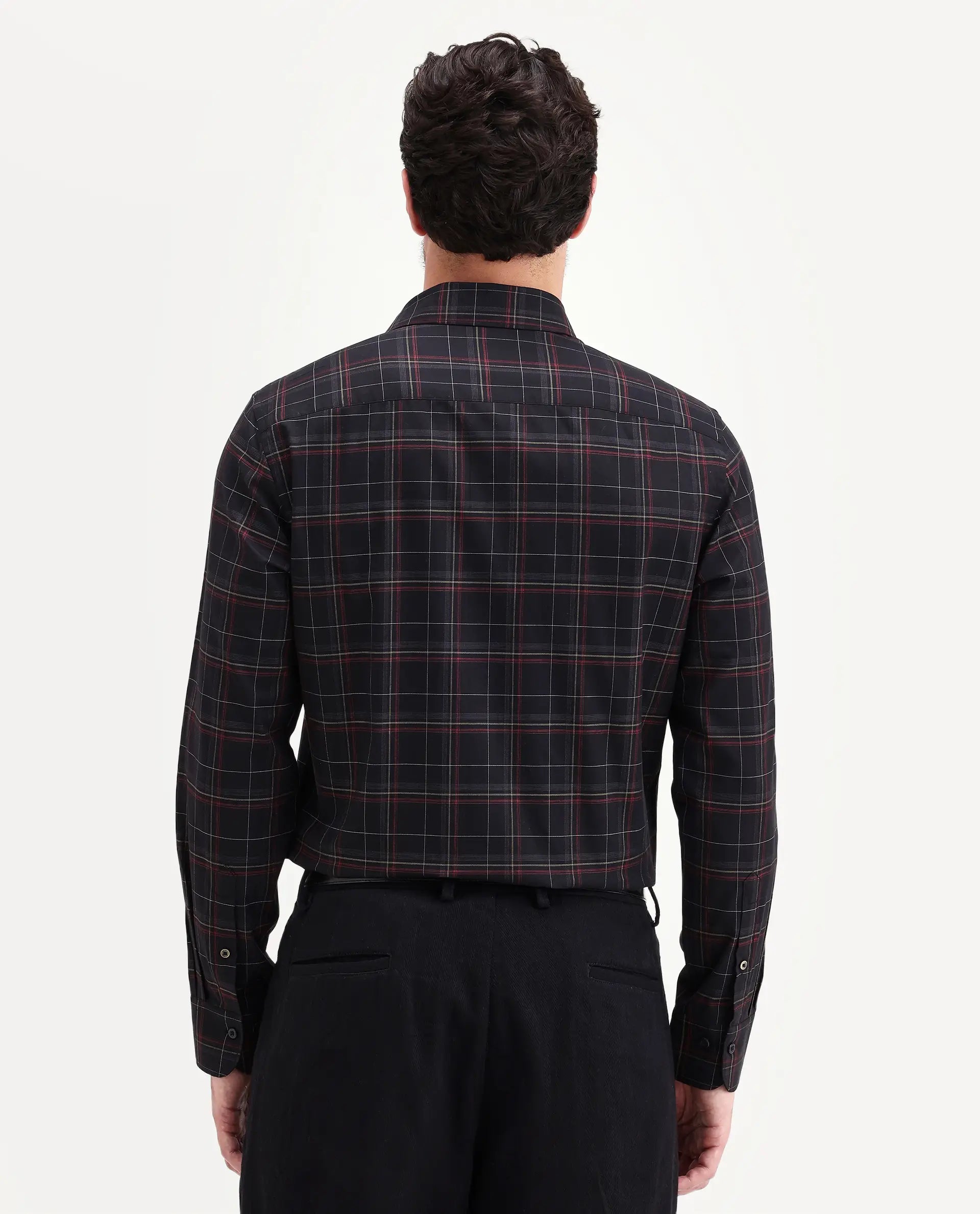 Rare Rabbit Men's Lewto Black Cotton Full Sleeve Spread Collar Regular Fit Checked Shirt