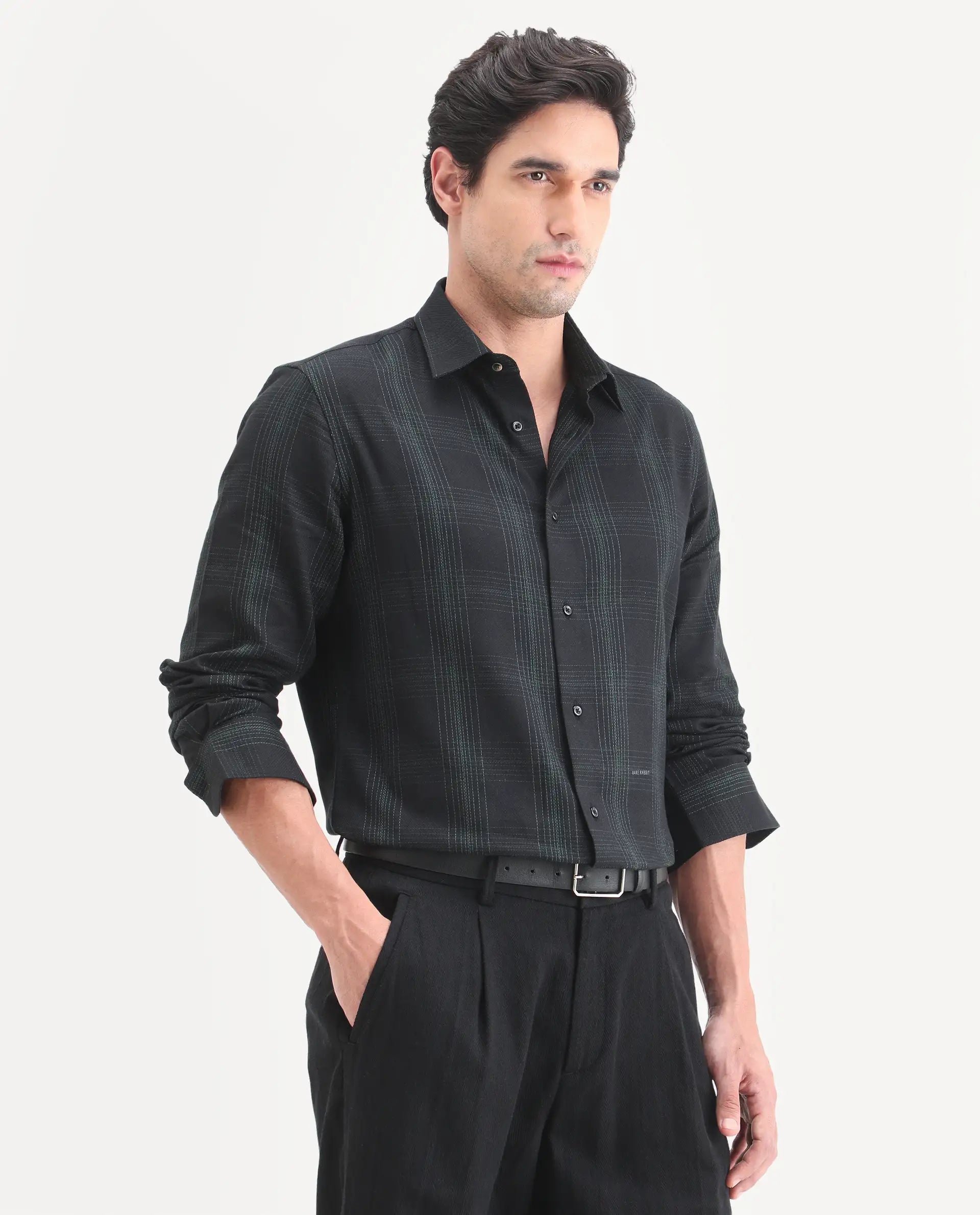 Rare Rabbit Men's Raul-S26 Black Cotton Full Sleeve Spread Collar Regular Fit Checked Shirt