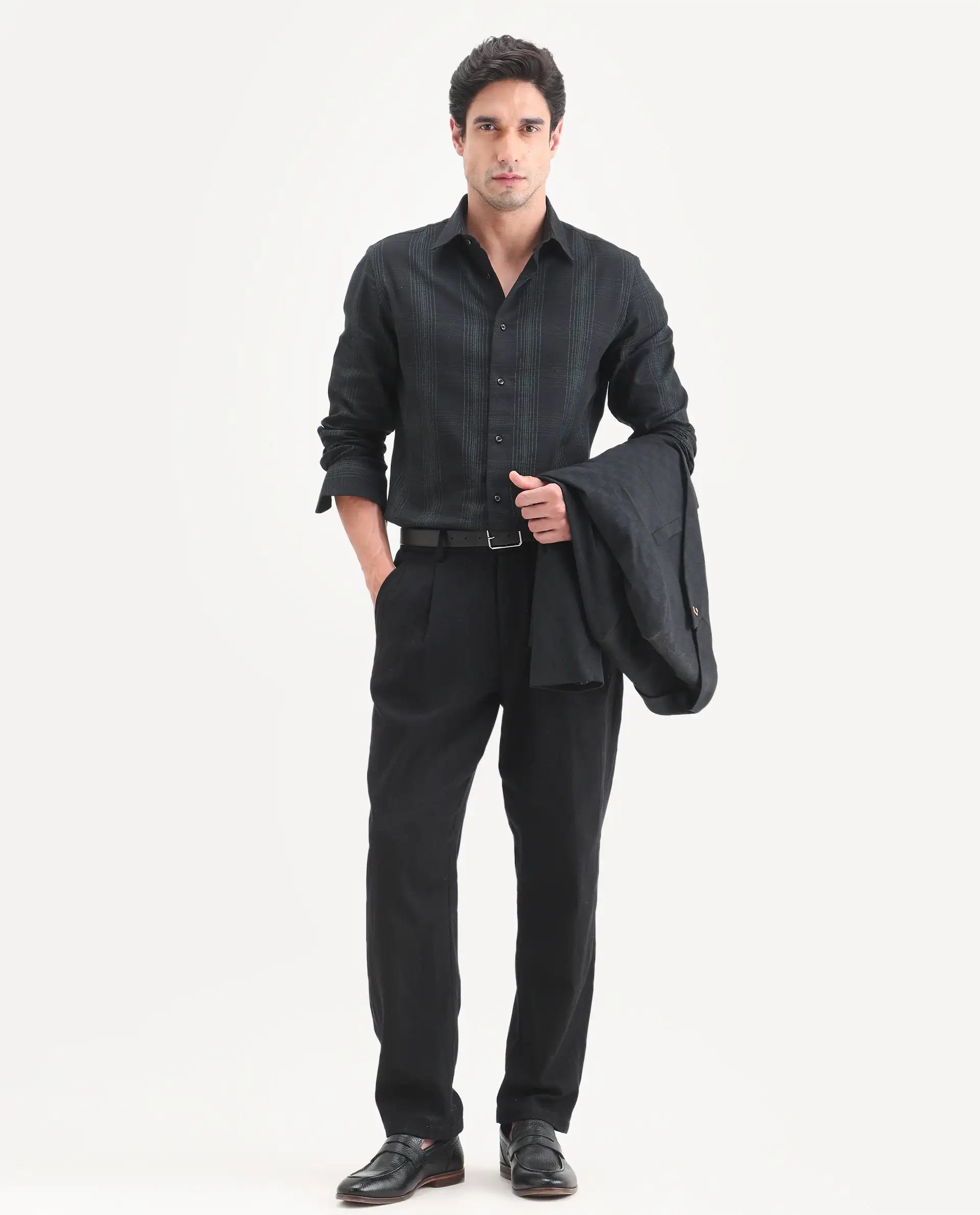 Rare Rabbit Men's Raul-S26 Black Cotton Full Sleeve Spread Collar Regular Fit Checked Shirt