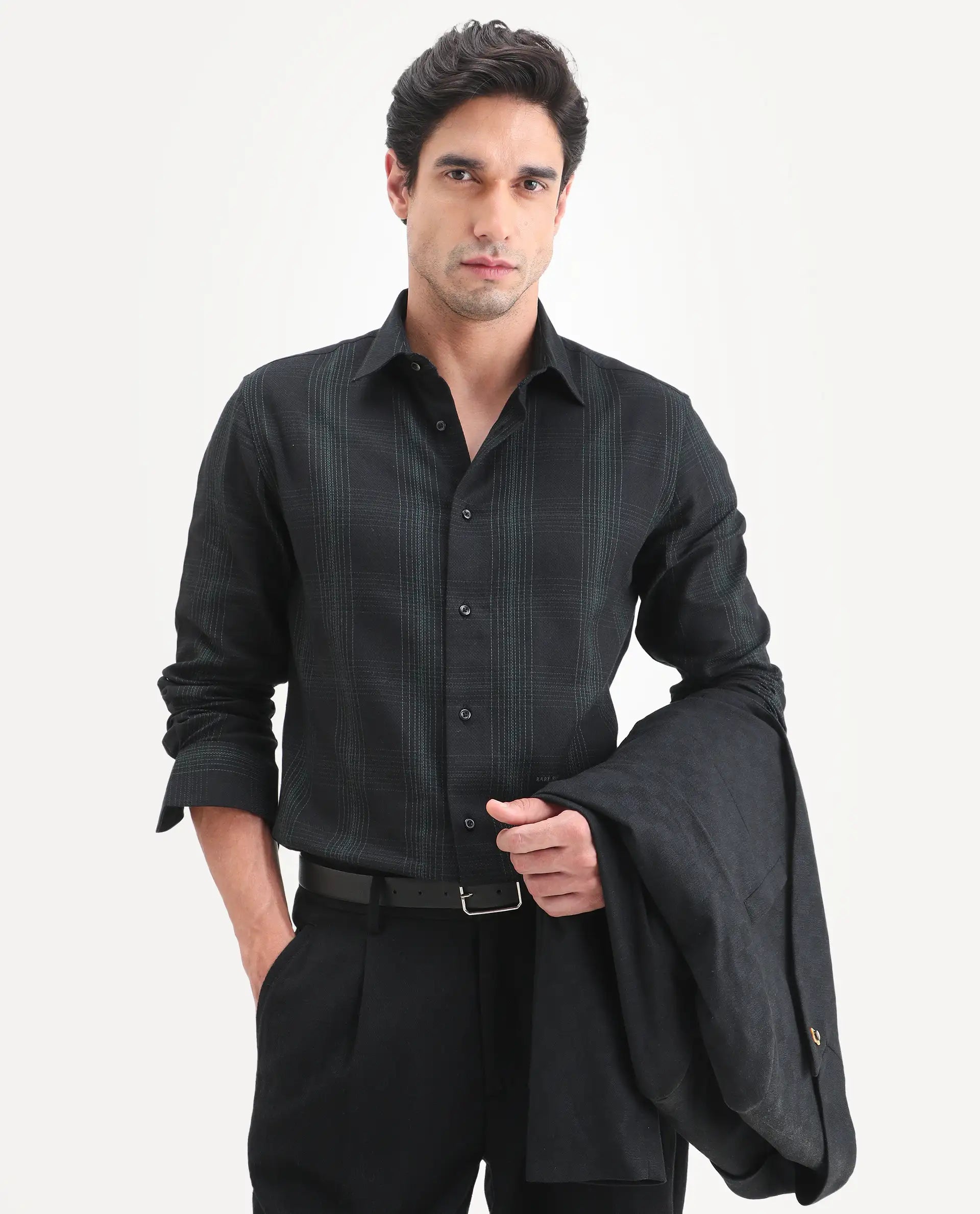 Rare Rabbit Men's Raul-S26 Black Cotton Full Sleeve Spread Collar Regular Fit Checked Shirt