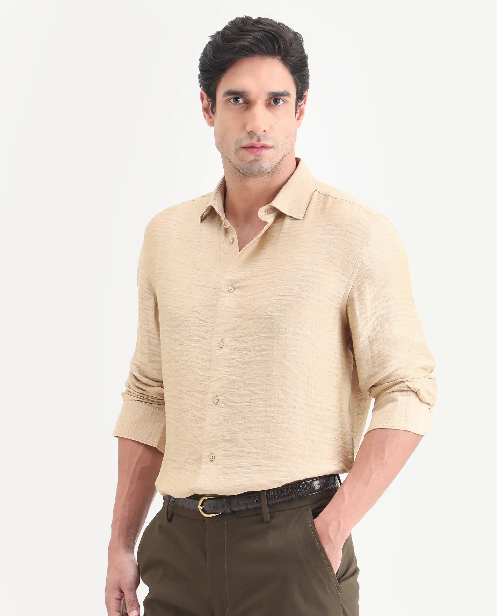 Rare Rabbit Men's Vaxon-26 Light Beige Viscose Blend Full Sleeve Spread Collar Regular Fit Checked Shirt