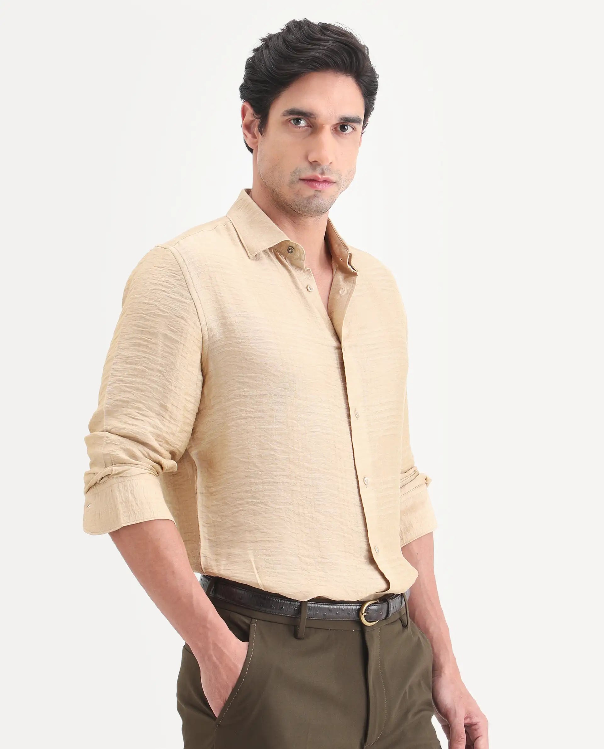 Rare Rabbit Men's Vaxon-26 Light Beige Viscose Blend Full Sleeve Spread Collar Regular Fit Checked Shirt