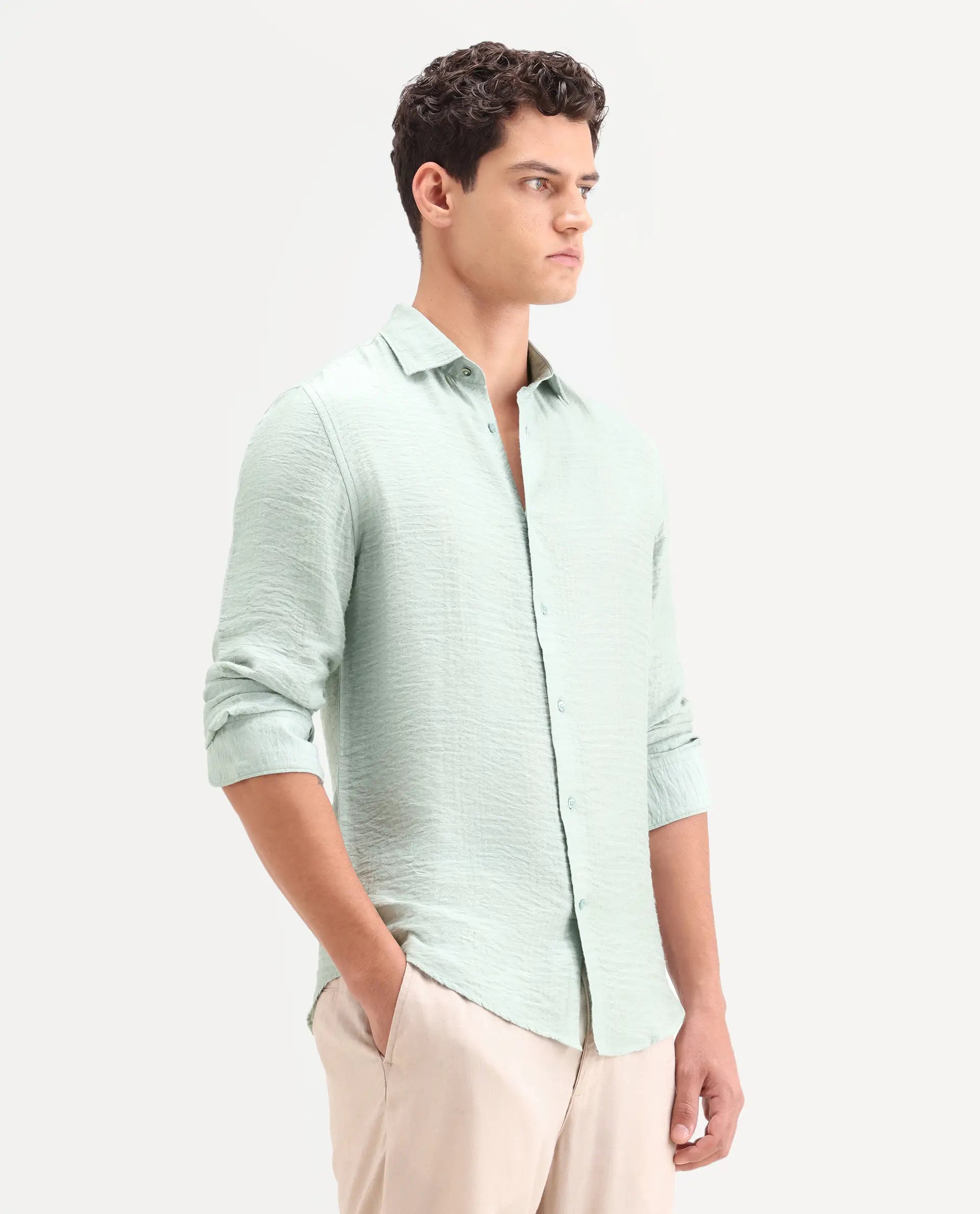 Rare Rabbit Men's Vaxon-26 Pastel Green Viscose Blend Full Sleeve Spread Collar Regular Fit Checked Shirt