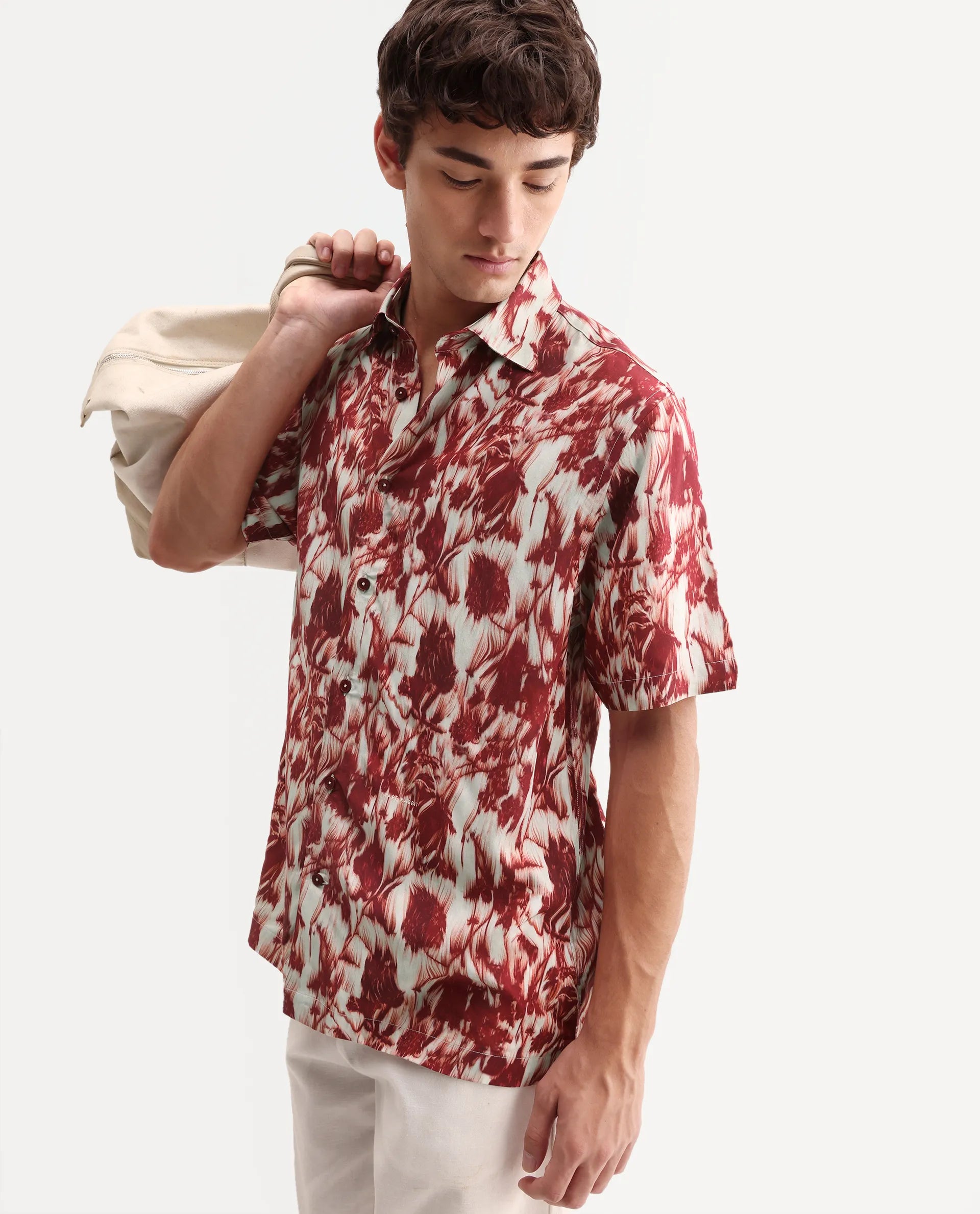 Rare Rabbit Men's Ziya Red Viscose Fabric Half Sleeve Regular Fit Abstract Print Shirt