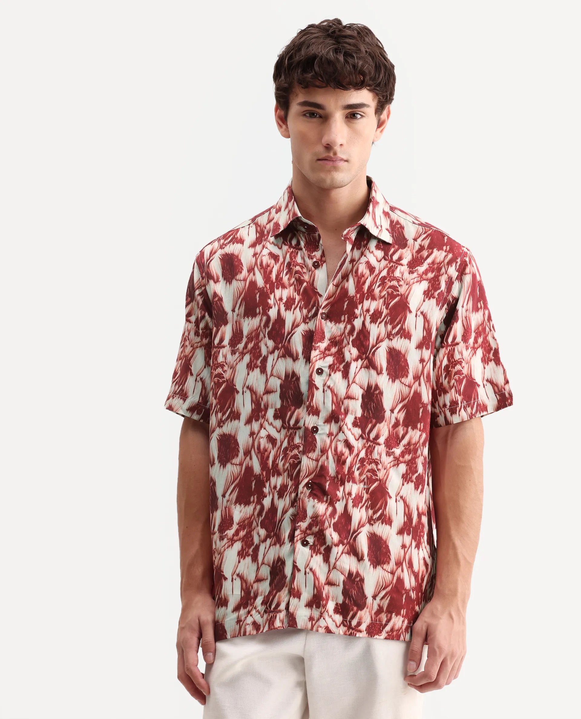 Rare Rabbit Men's Ziya Red Viscose Fabric Half Sleeve Regular Fit Abstract Print Shirt