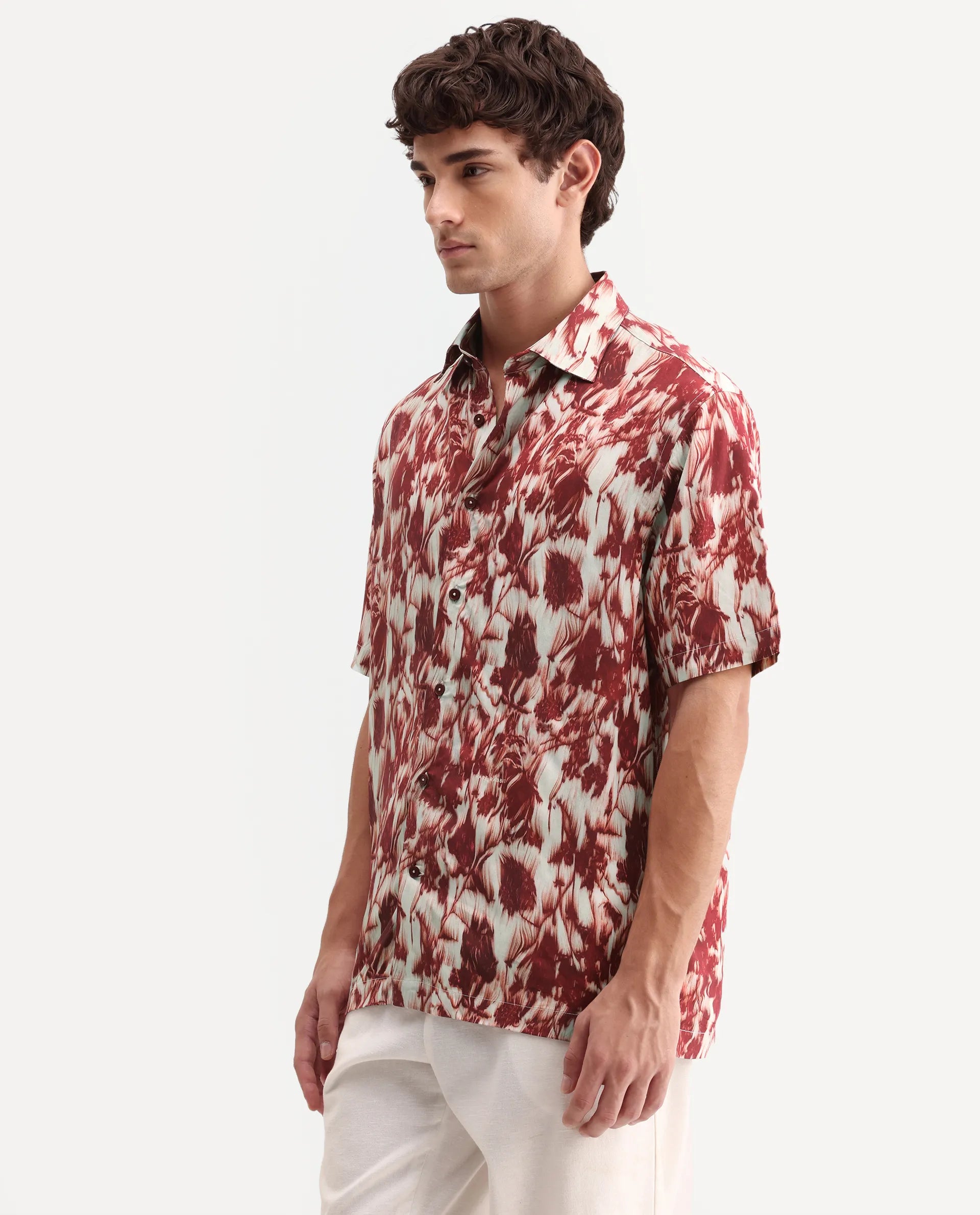 Rare Rabbit Men's Ziya Red Viscose Fabric Half Sleeve Regular Fit Abstract Print Shirt