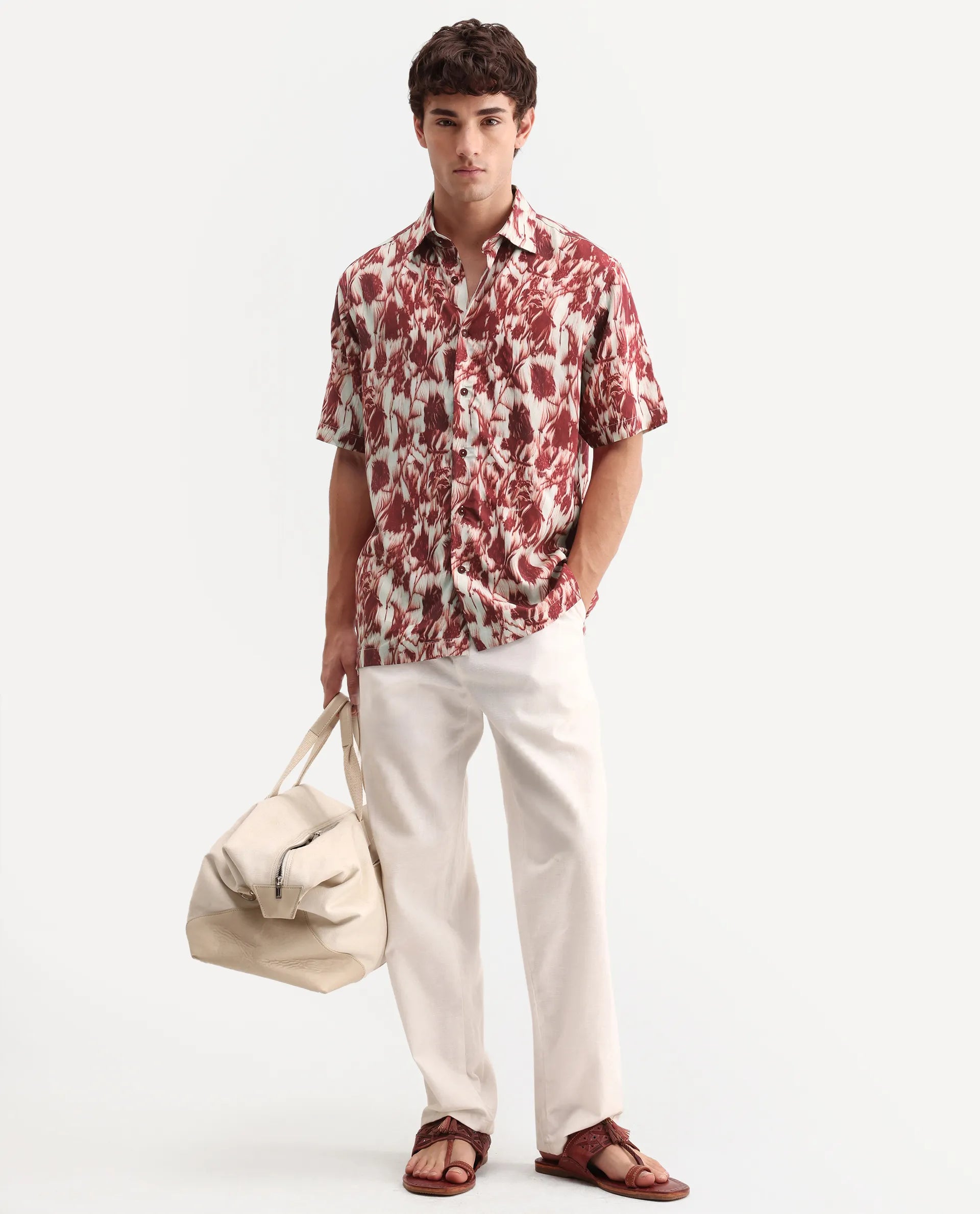 Rare Rabbit Men's Ziya Red Viscose Fabric Half Sleeve Regular Fit Abstract Print Shirt