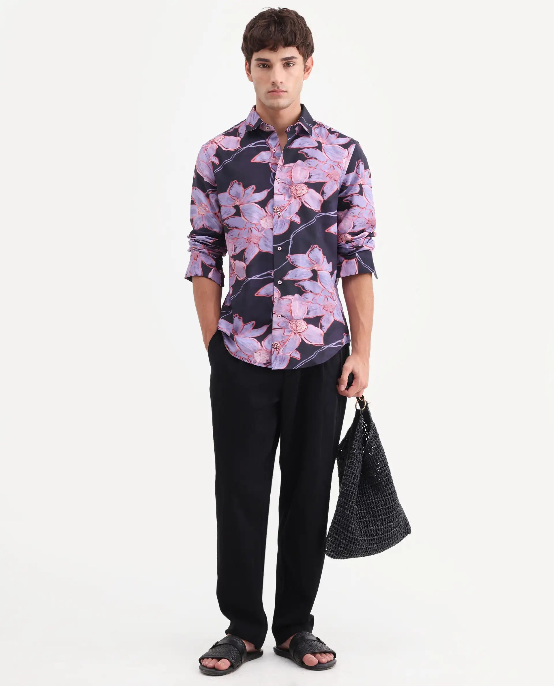 Rare Rabbit Men's Karal Black Cotton Blend Fabric Full Sleeve Regular Fit Floral Print Shirt