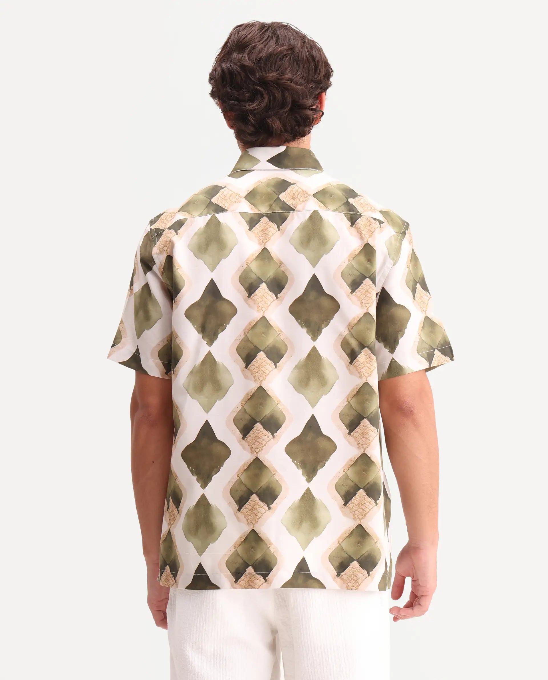 Rare Rabbit Men's Zeken Beige Cotton Blend Fabric Half Sleeve Regular Fit Geometric Print Shirt