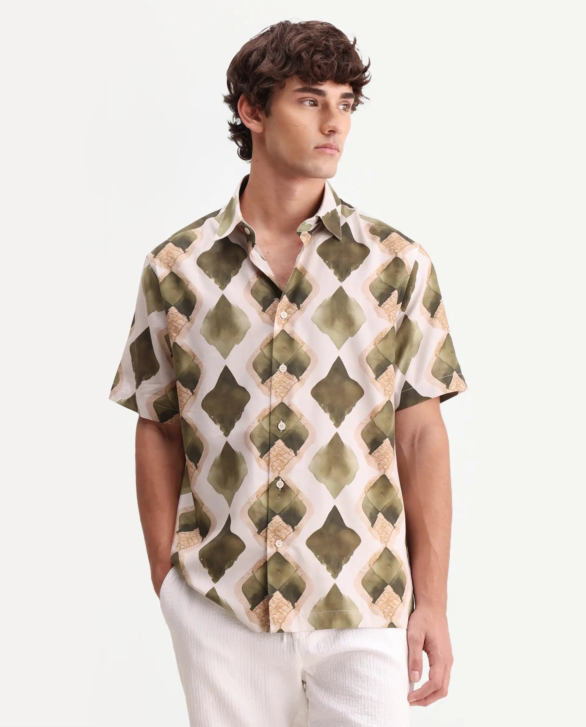 Rare Rabbit Men's Zeken Beige Cotton Blend Fabric Half Sleeve Regular Fit Geometric Print Shirt